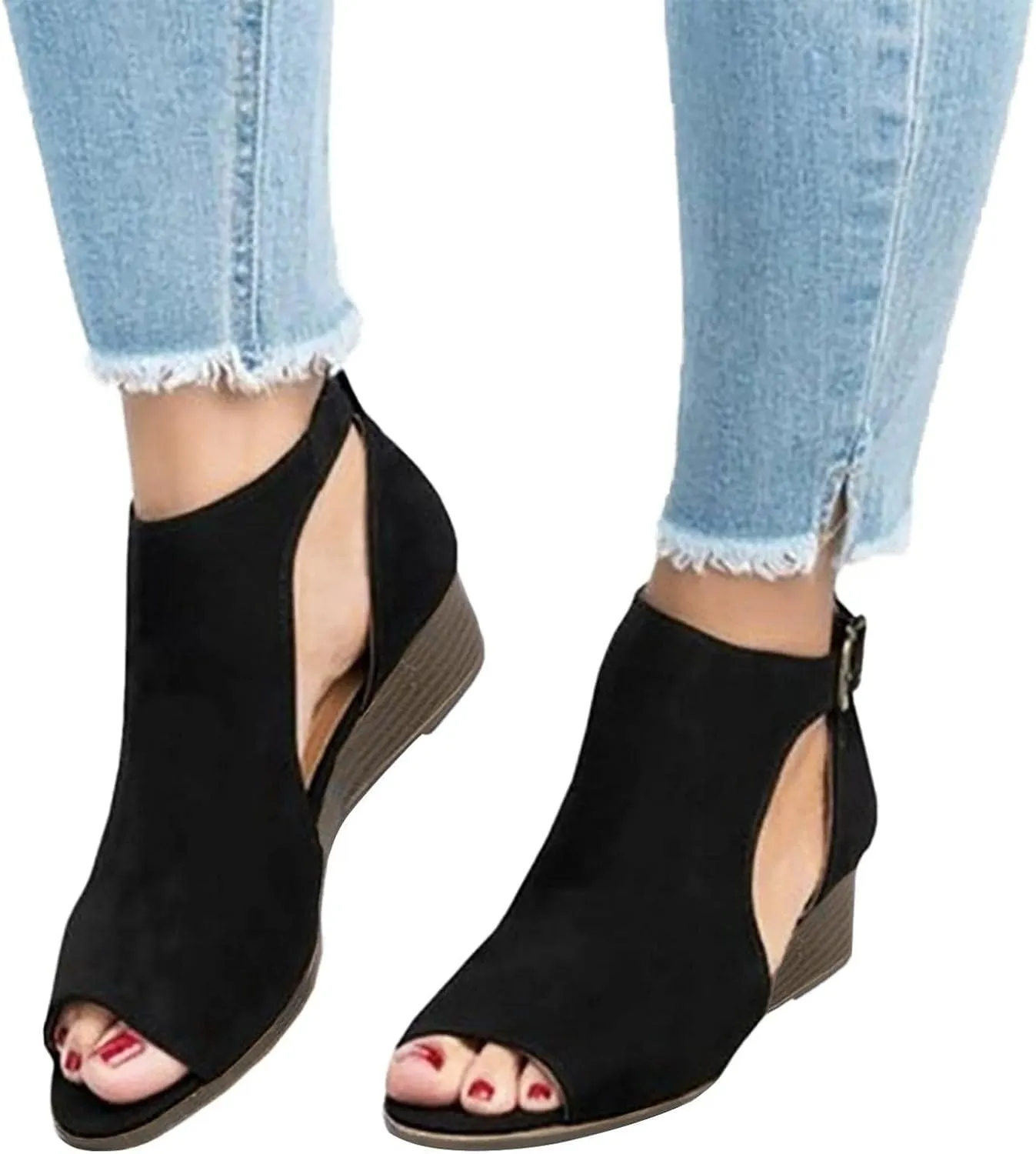 2025 Womens Suede Peep Toe Chunky Heels Ankle Booties with Ankle Strap Cutout Wedge Back Zipper Sandals Dress Walking Boots,Wedge Sandals for Women
