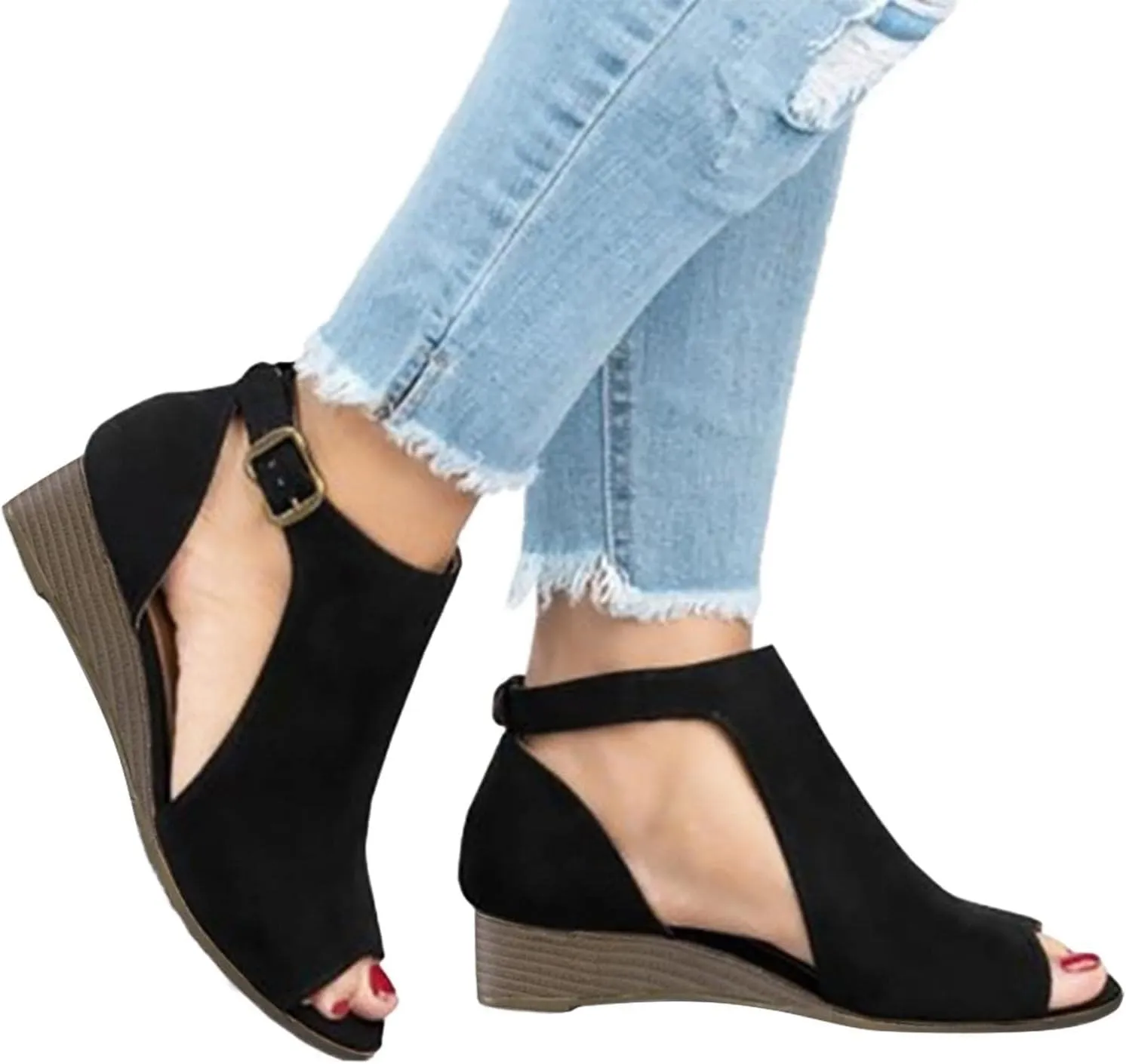 2025 Womens Suede Peep Toe Chunky Heels Ankle Booties with Ankle Strap Cutout Wedge Back Zipper Sandals Dress Walking Boots,Wedge Sandals for Women