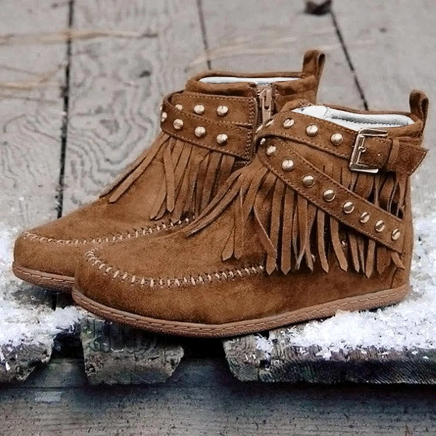 Ankle Boots for Women, Womens Retro Cowboy Boots Closed Toe Low Heel Combat Boots Western Shoes Fringed Ankle Booties