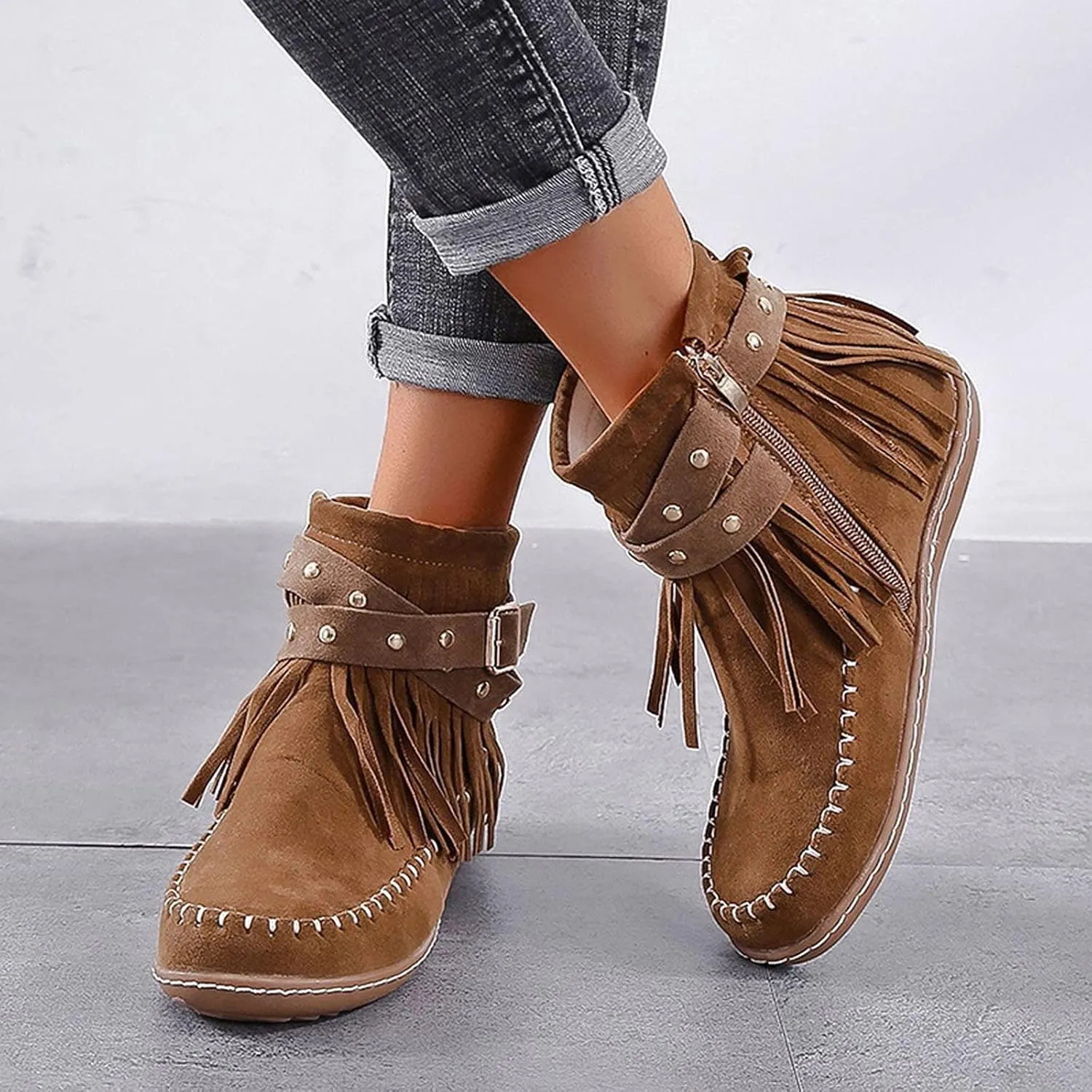 Ankle Boots for Women, Womens Retro Cowboy Boots Closed Toe Low Heel Combat Boots Western Shoes Fringed Ankle Booties