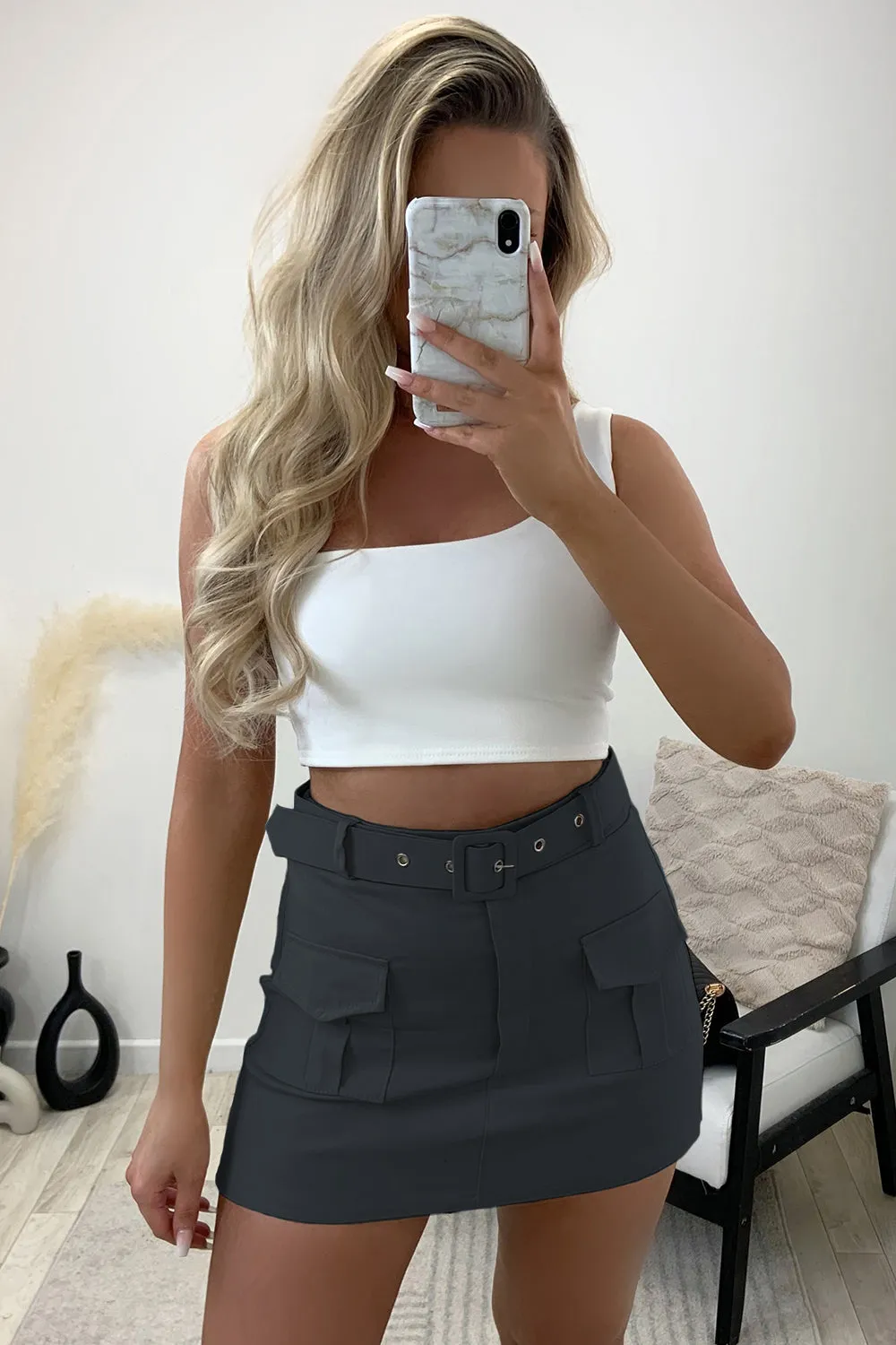 Carina Grey Belted High Waisted Cargo Skort