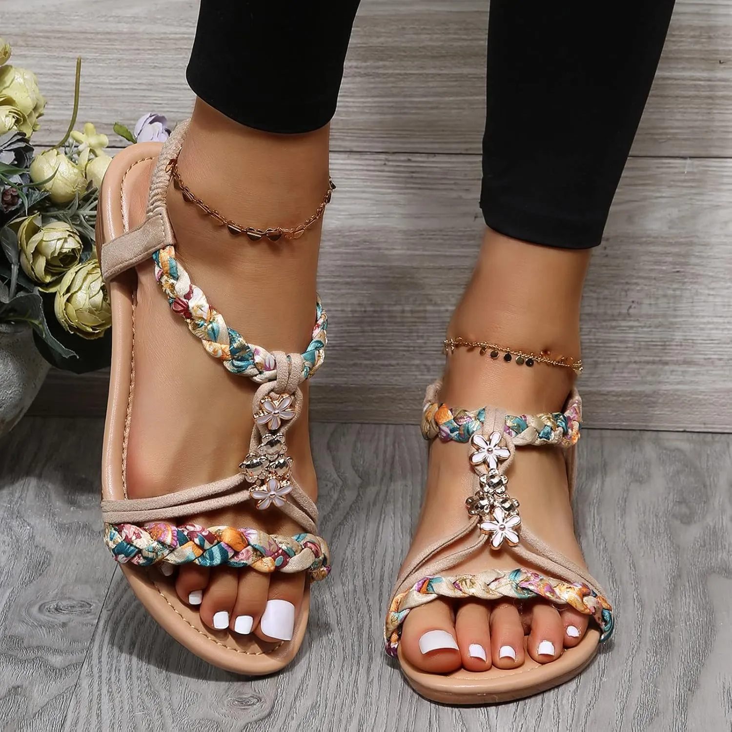 Flat Sandals for Women Dressy,Vintage Beaded Bohemian Sandals Casual Slingback Flip Flop T-strap Thong Beach Sandals
