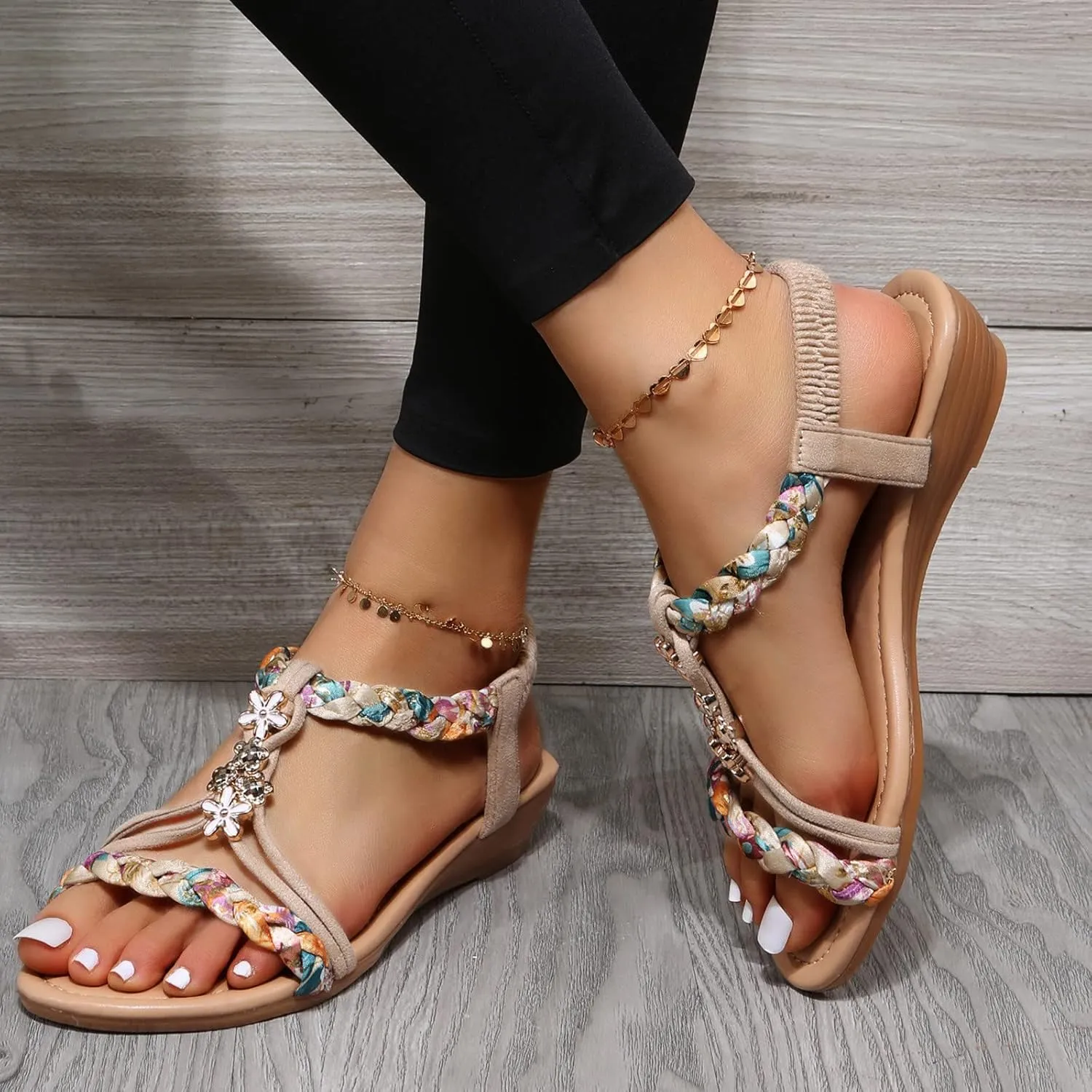 Flat Sandals for Women Dressy,Vintage Beaded Bohemian Sandals Casual Slingback Flip Flop T-strap Thong Beach Sandals