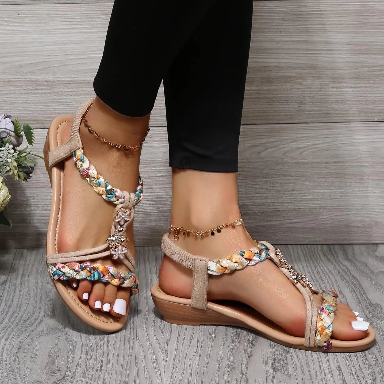 Flat Sandals for Women Dressy,Vintage Beaded Bohemian Sandals Casual Slingback Flip Flop T-strap Thong Beach Sandals