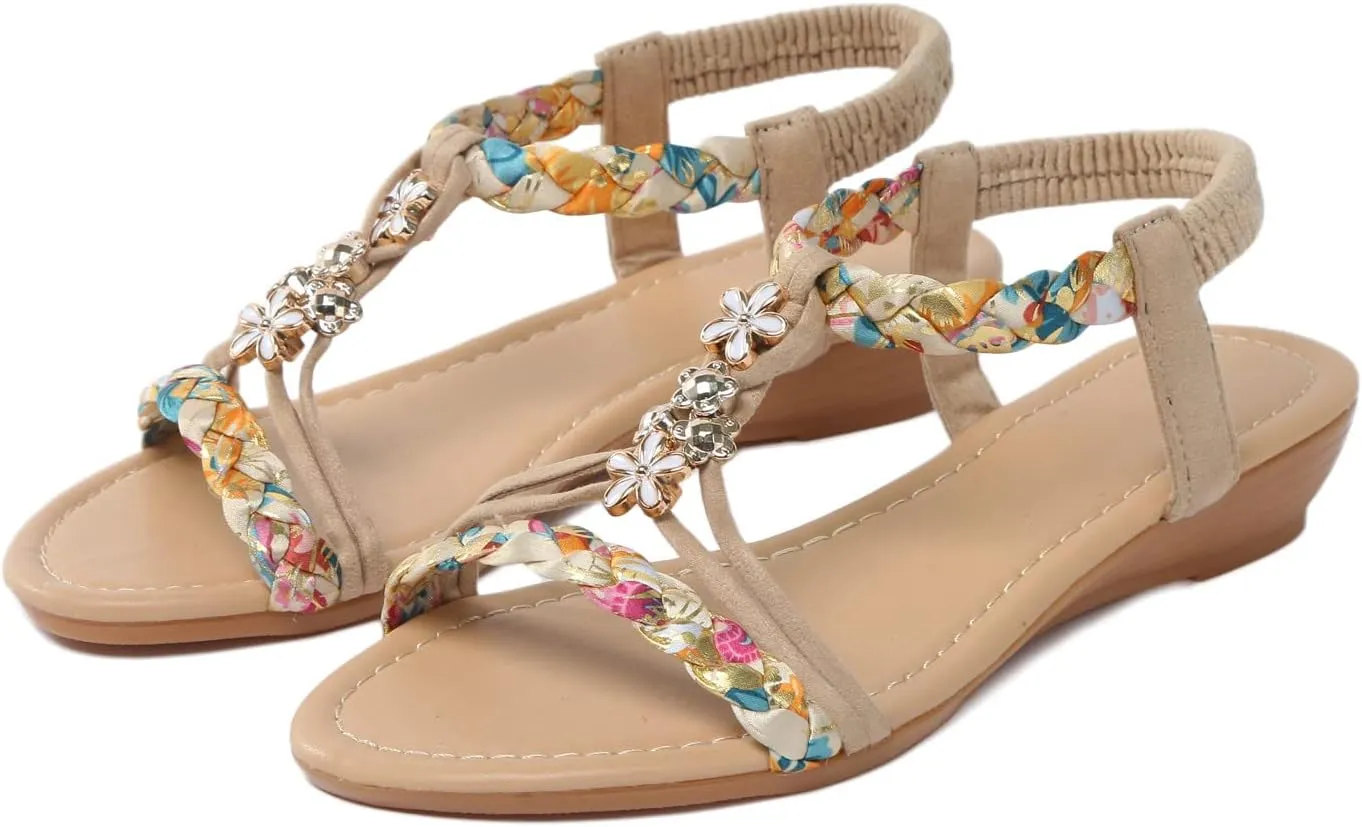 Flat Sandals for Women Dressy,Vintage Beaded Bohemian Sandals Casual Slingback Flip Flop T-strap Thong Beach Sandals
