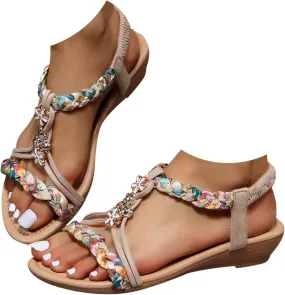 Flat Sandals for Women Dressy,Vintage Beaded Bohemian Sandals Casual Slingback Flip Flop T-strap Thong Beach Sandals