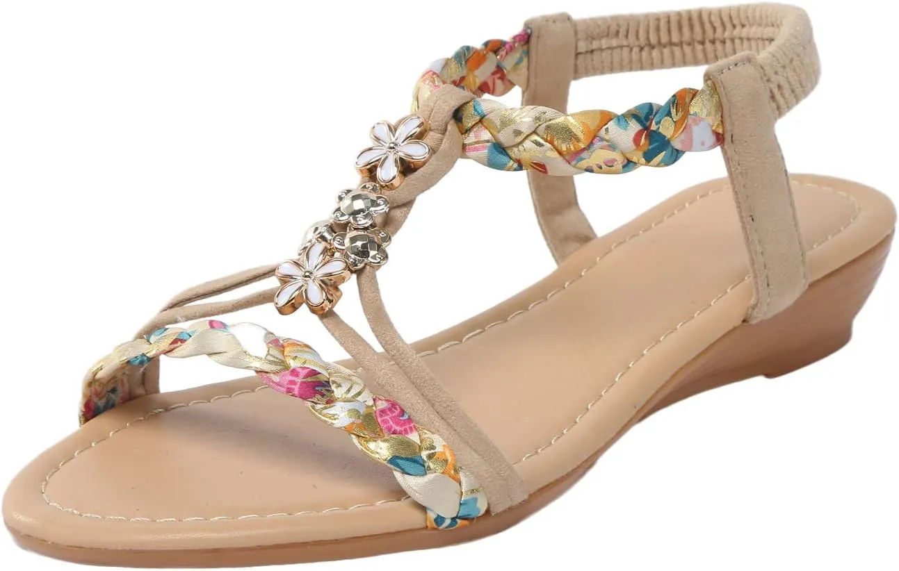 Flat Sandals for Women Dressy,Vintage Beaded Bohemian Sandals Casual Slingback Flip Flop T-strap Thong Beach Sandals
