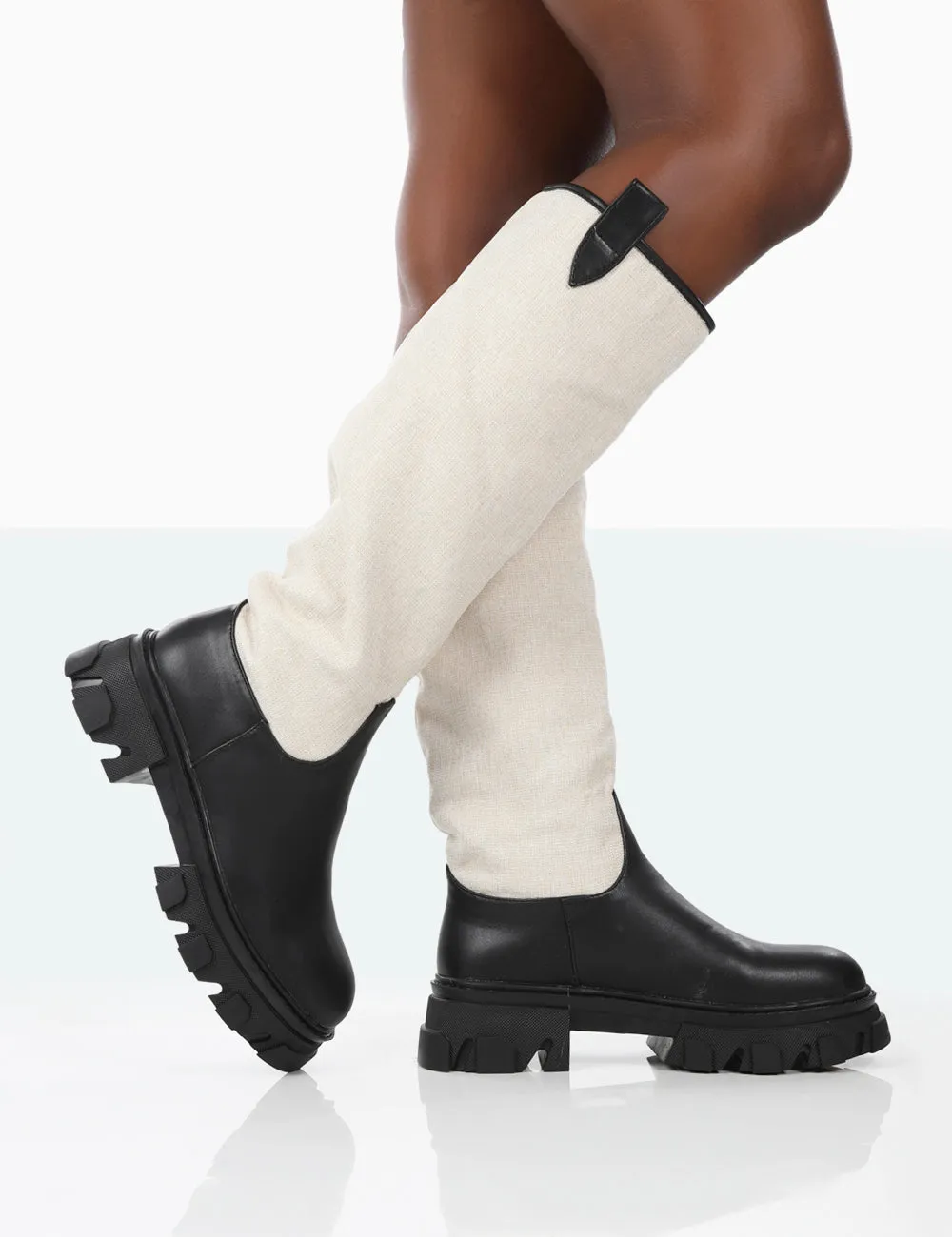 Genius Black PU Knee High Linen Chunky Sole Boots