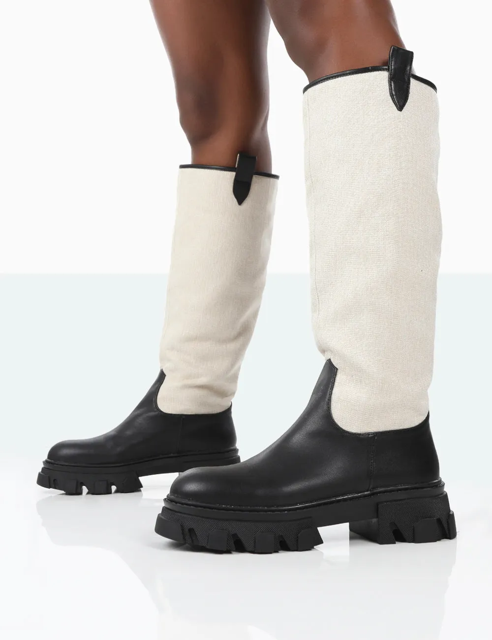 Genius Black PU Knee High Linen Chunky Sole Boots