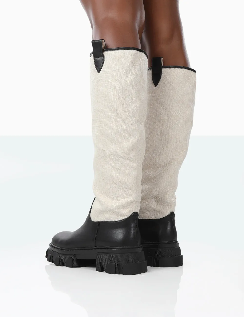 Genius Black PU Knee High Linen Chunky Sole Boots