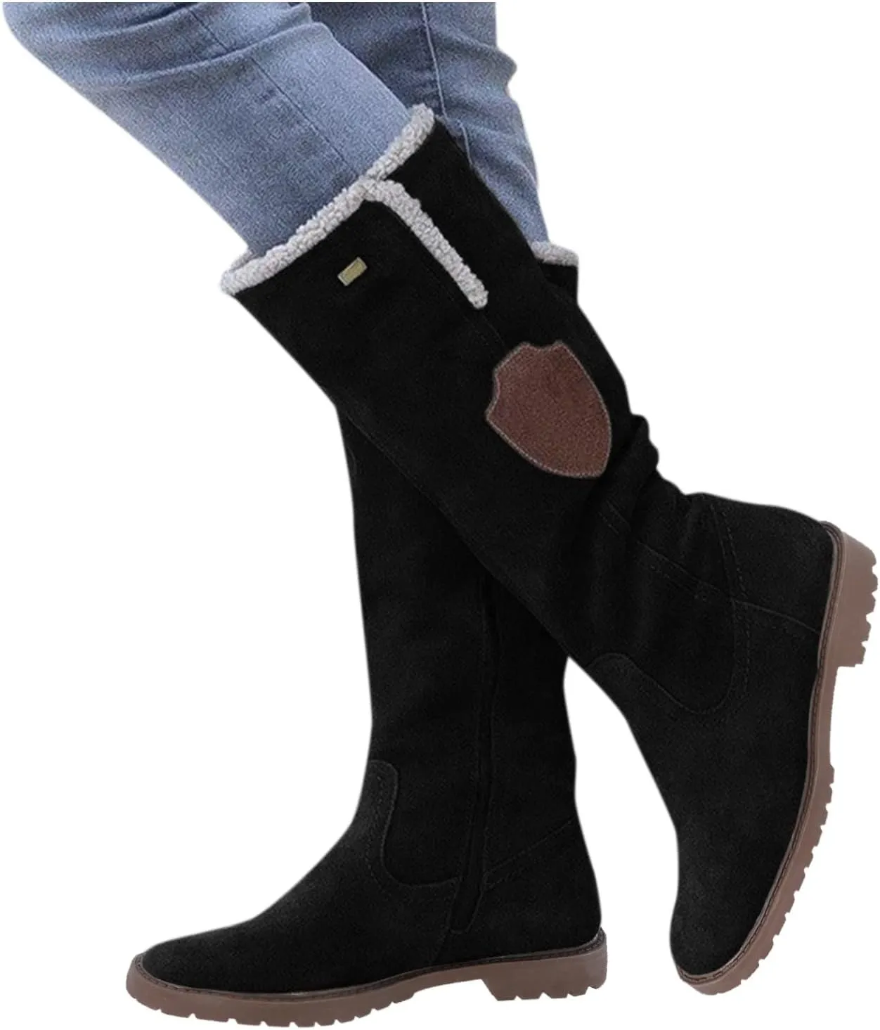 Knee High Boots For Women Girls Fashion Casual Fleece Lined Warm Low Heels Winter Snow Boots With Side Zipper