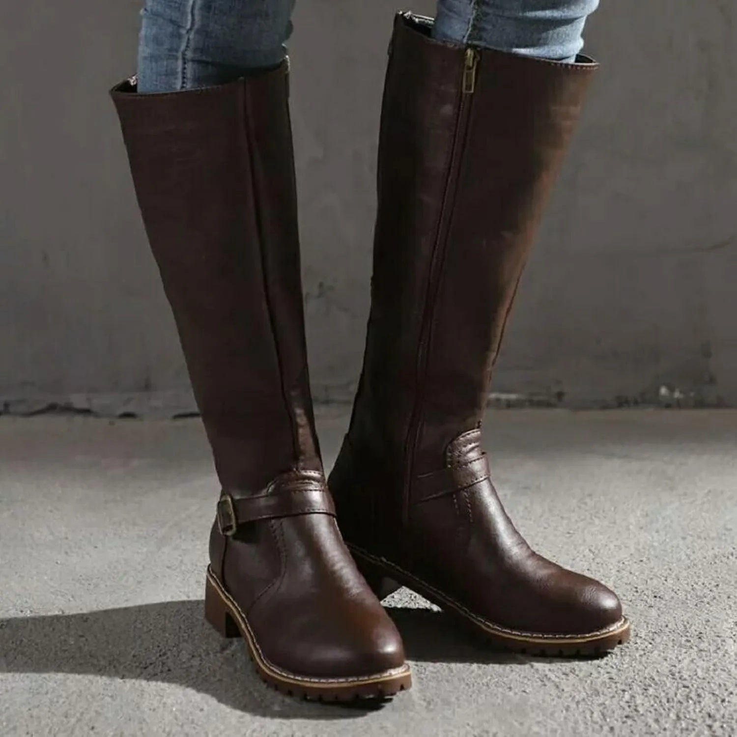Knee High Boots Women Winter Boots for Women Winter Thick Bottom Square Heel Zipper Mid Calf Boots Round Toe Shoes