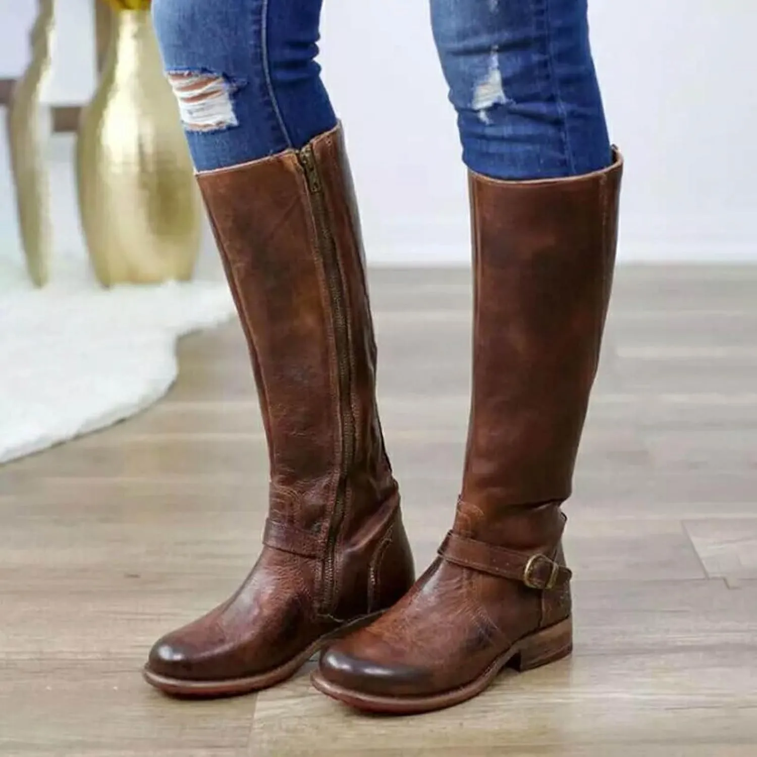 Knee High Boots Women Winter Boots for Women Winter Thick Bottom Square Heel Zipper Mid Calf Boots Round Toe Shoes