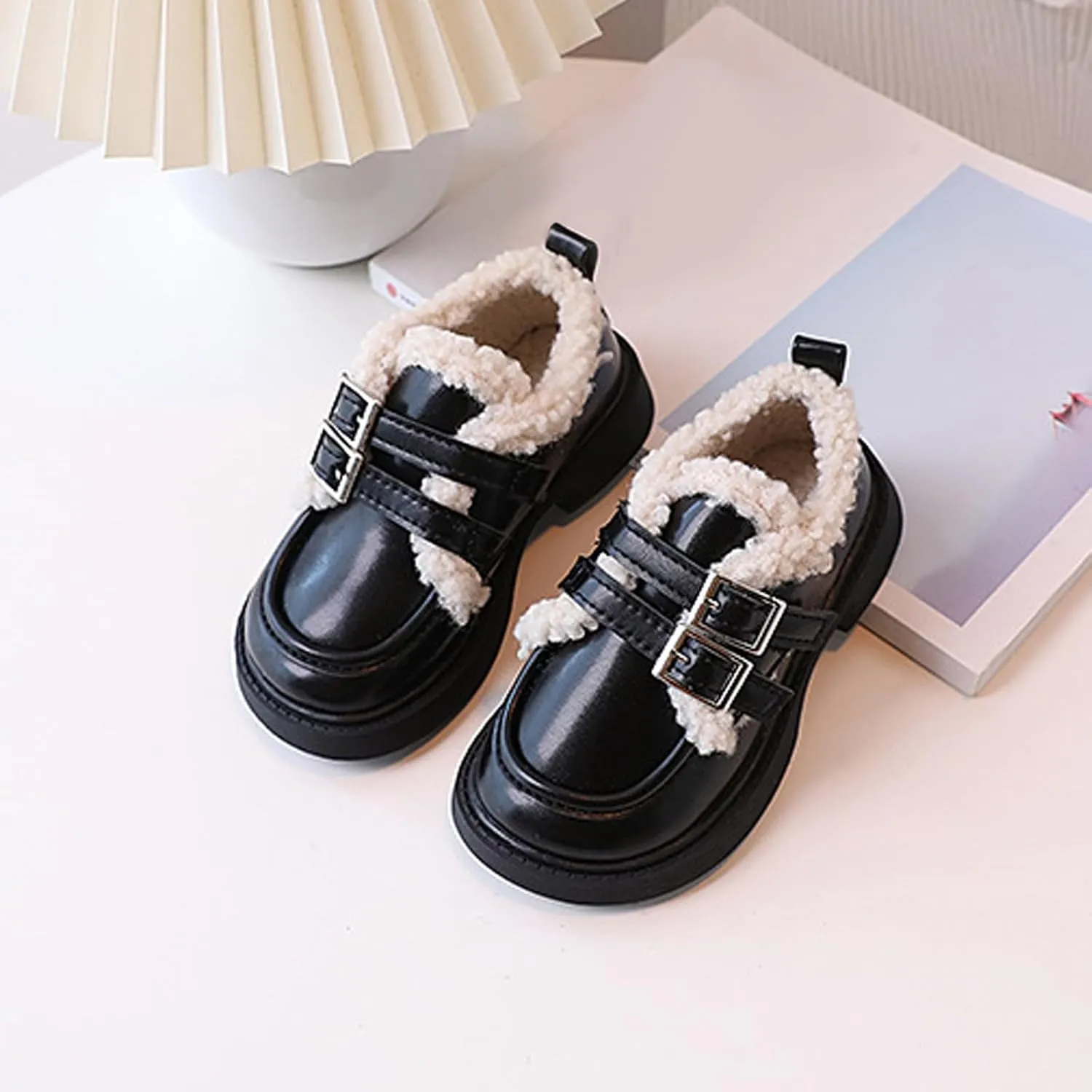Little/Big Girls Fleece Plush PU Leather 𝗠occasin Loafers Kids Soft Sole Slip-On Outdoor Casual Baby Girl Shoe