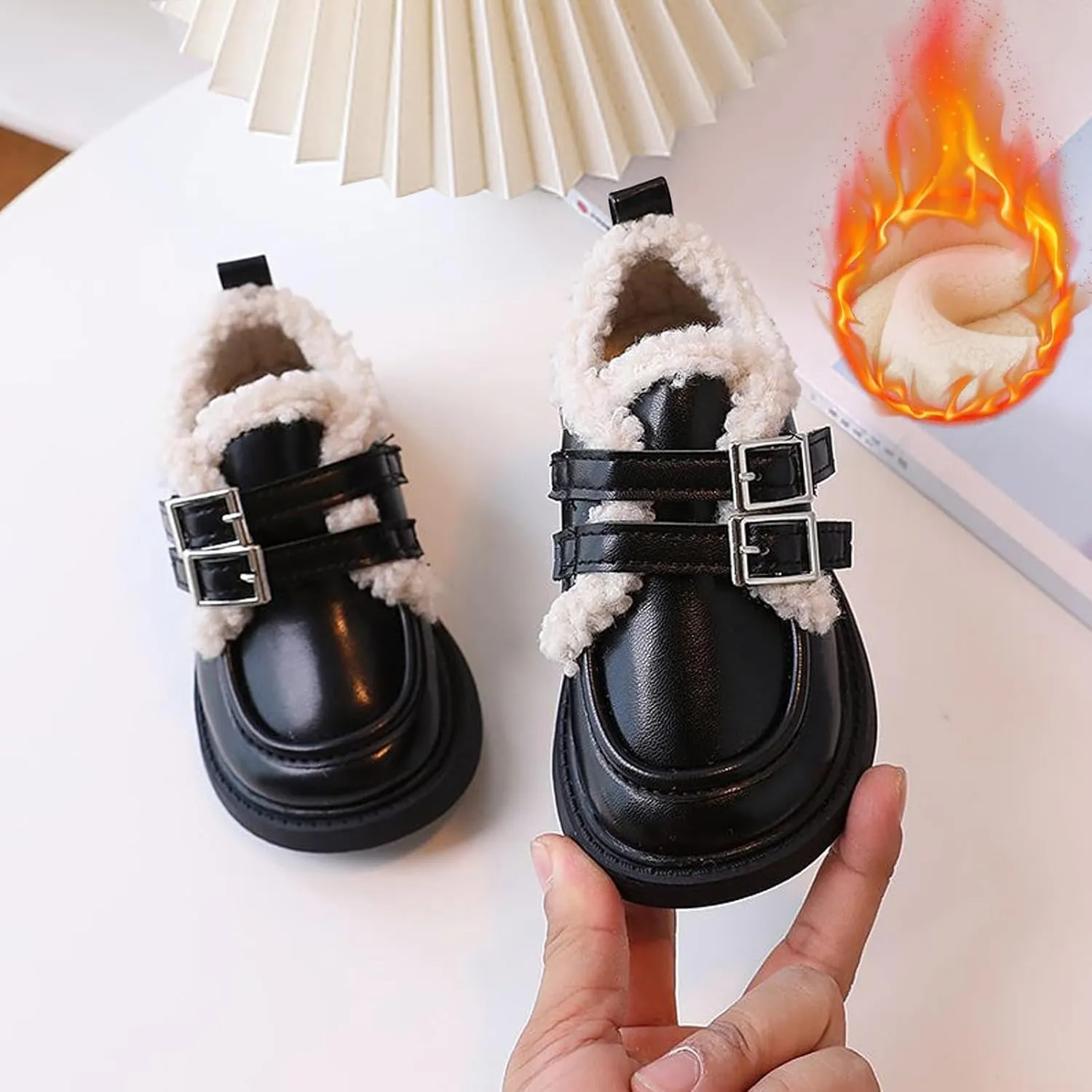 Little/Big Girls Fleece Plush PU Leather 𝗠occasin Loafers Kids Soft Sole Slip-On Outdoor Casual Baby Girl Shoe