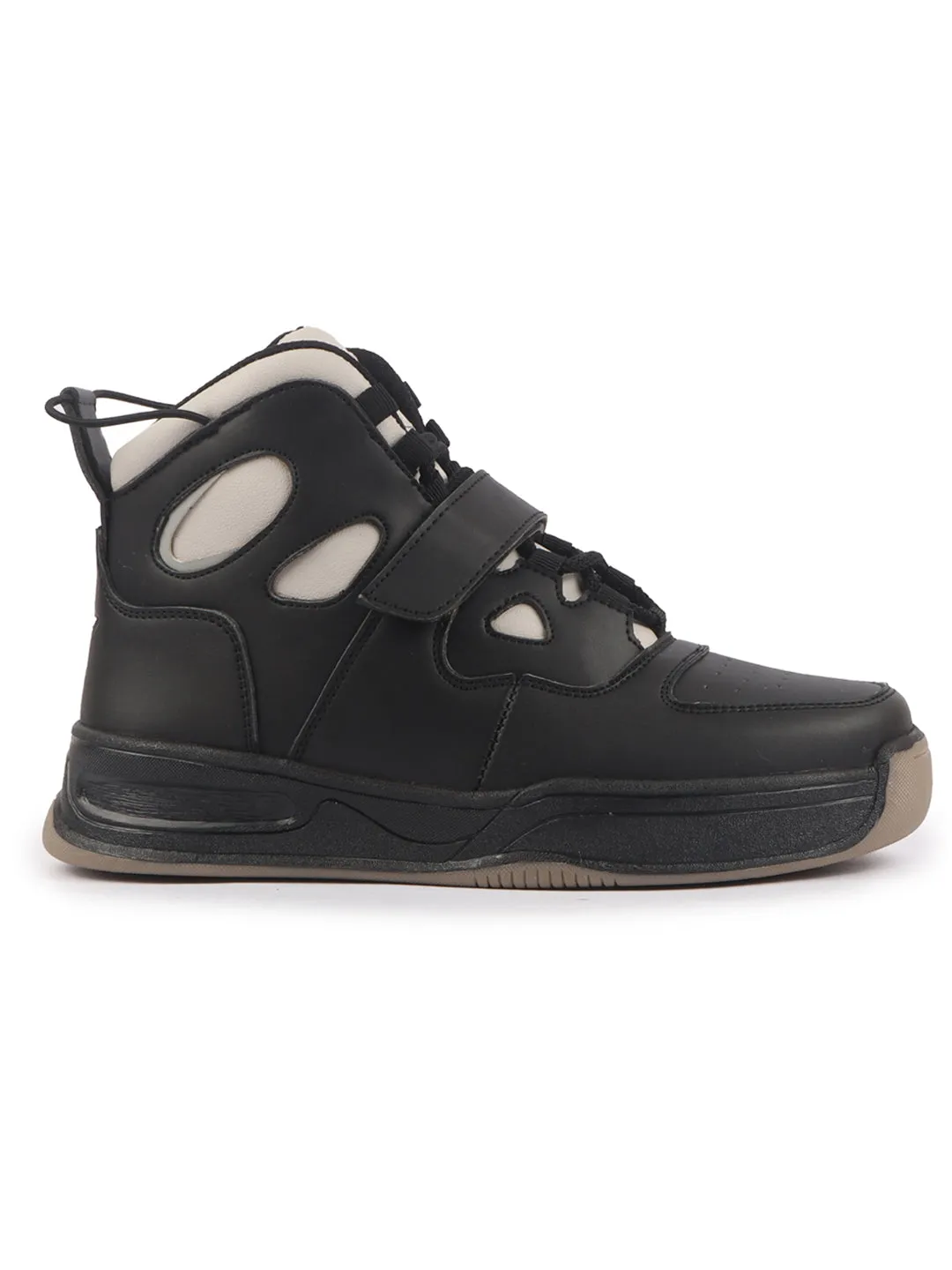 Men Cream Black High Ankle Casual Chunky Lace Up Sneakers with Hook and Loop Closure Strap|Rubber Outsole High Top Basketball Shoes