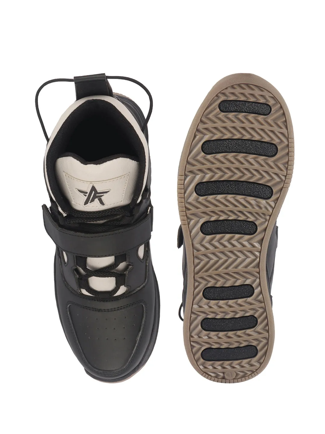 Men Cream Black High Ankle Casual Chunky Lace Up Sneakers with Hook and Loop Closure Strap|Rubber Outsole High Top Basketball Shoes