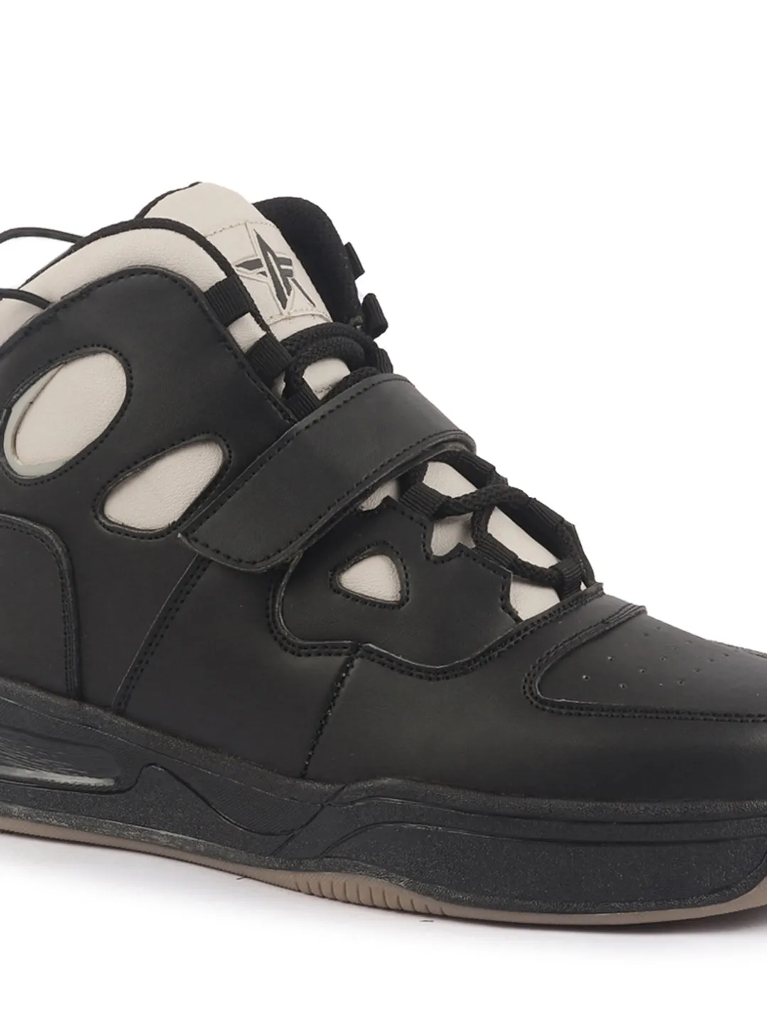 Men Cream Black High Ankle Casual Chunky Lace Up Sneakers with Hook and Loop Closure Strap|Rubber Outsole High Top Basketball Shoes