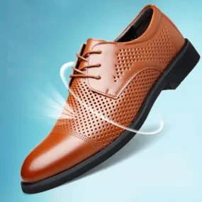 Men's Hollow Lace-up Leather Dress Shoes, Breathable Patent Leather Oxfords, Formal Wedding & Prom Shoes with Heels