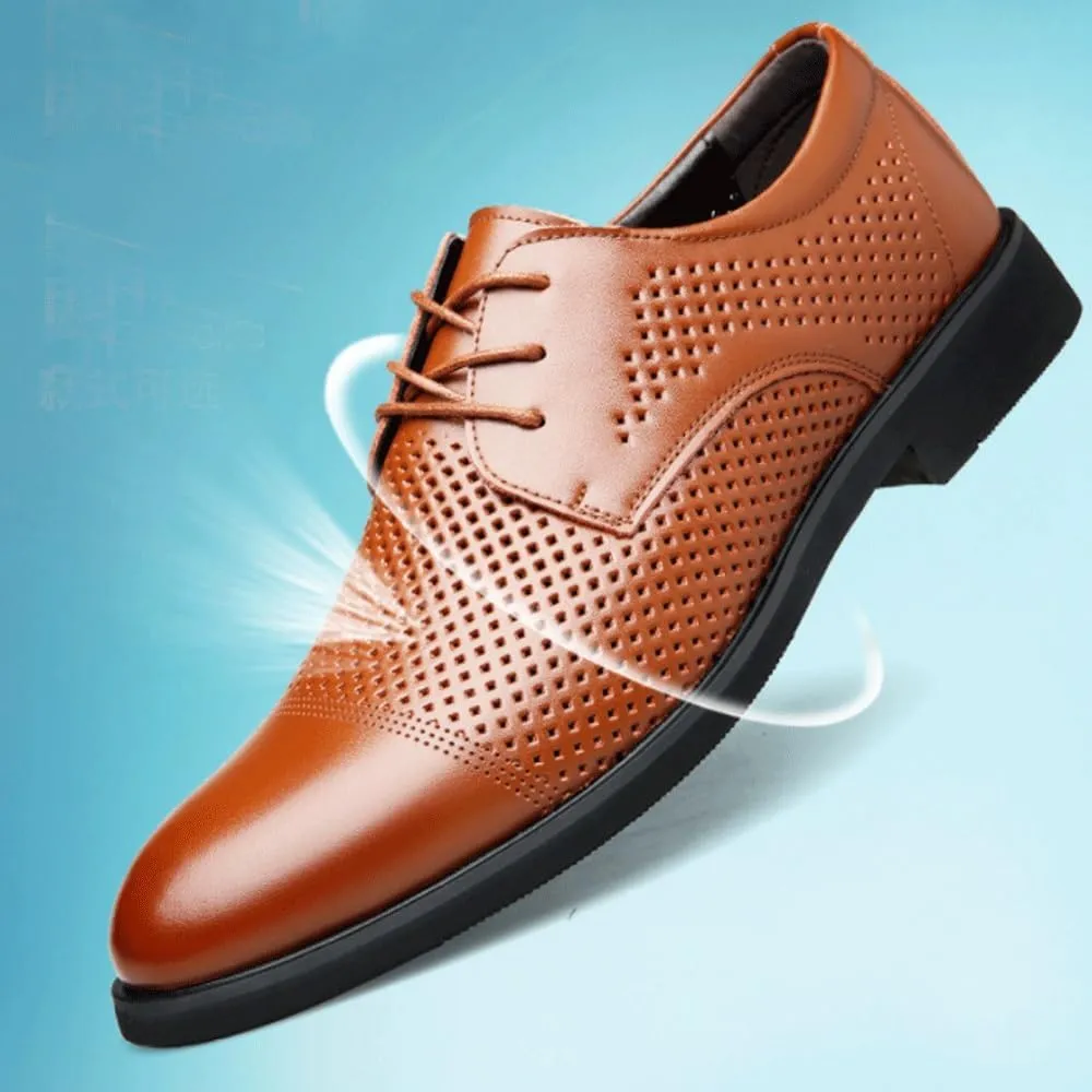 Men's Hollow Lace-up Leather Dress Shoes, Breathable Patent Leather Oxfords, Formal Wedding & Prom Shoes with Heels