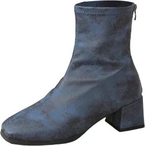 Mid Calf Boots for Women Women's Square Head Thick Heel Back Zipper Thin Short Tube Small Leather Boots High Heels