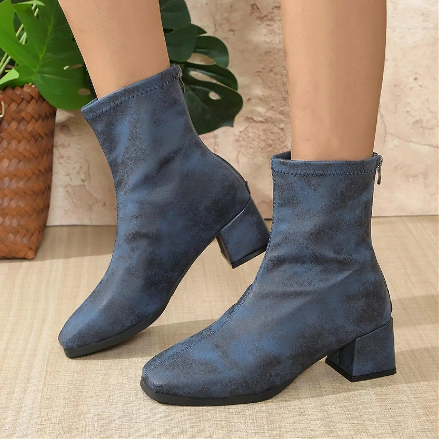Mid Calf Boots for Women Women's Square Head Thick Heel Back Zipper Thin Short Tube Small Leather Boots High Heels
