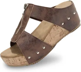 Orthopedic Wedge Sandals for Women Comfortable Summer Open Toe Platform Sandals Front Zipper Slingback Comfy Sloping High Heels with Soft Cushion Footbed Walking Shoes
