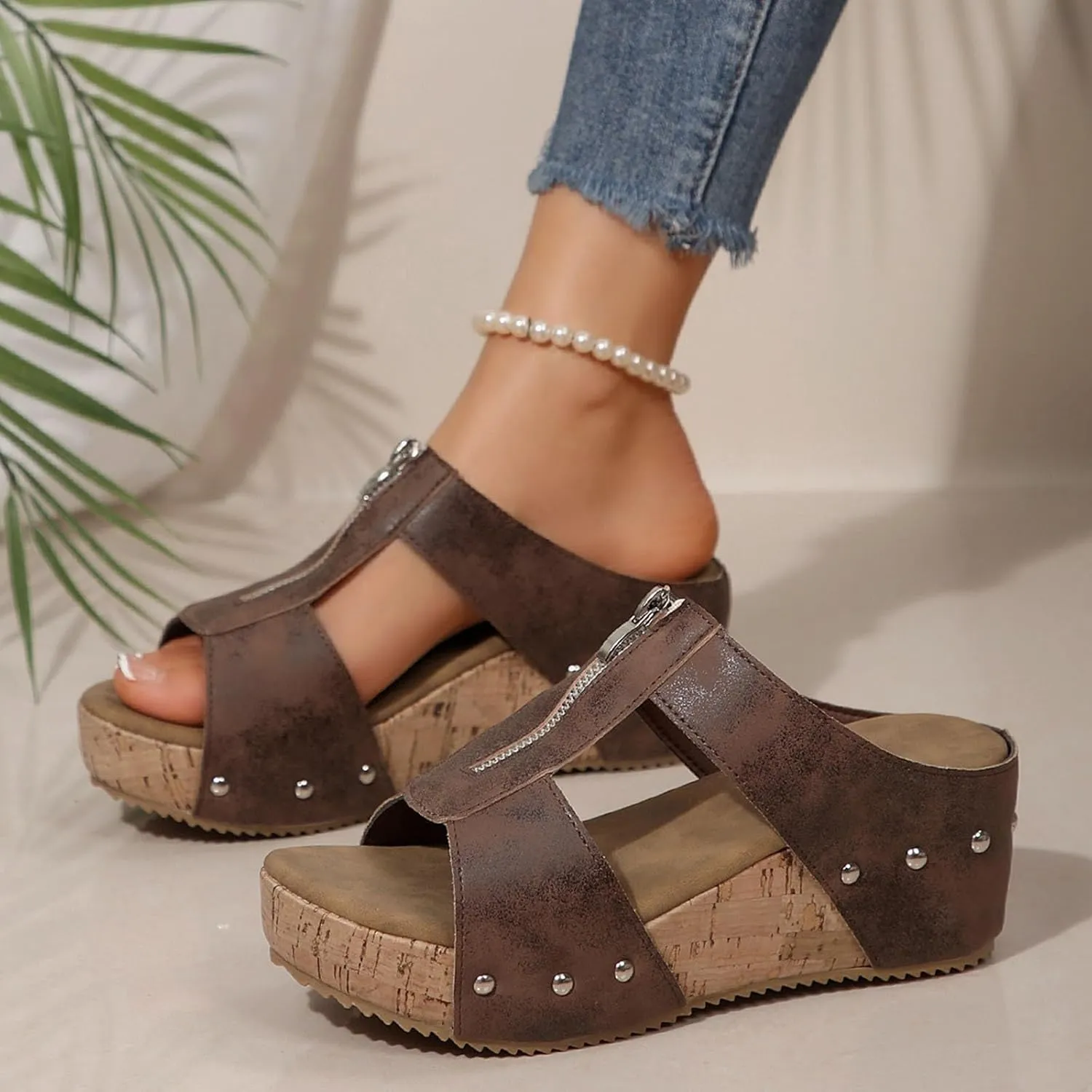Orthopedic Wedge Sandals for Women Comfortable Summer Open Toe Platform Sandals Front Zipper Slingback Comfy Sloping High Heels with Soft Cushion Footbed Walking Shoes