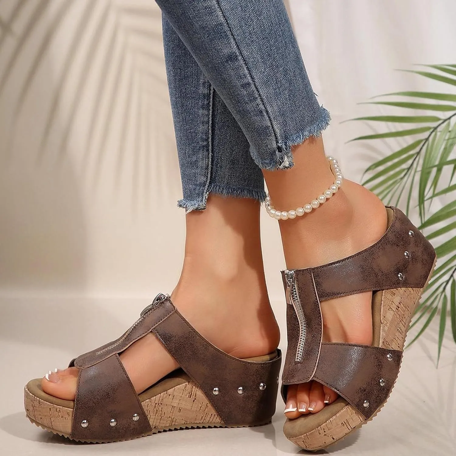 Orthopedic Wedge Sandals for Women Comfortable Summer Open Toe Platform Sandals Front Zipper Slingback Comfy Sloping High Heels with Soft Cushion Footbed Walking Shoes