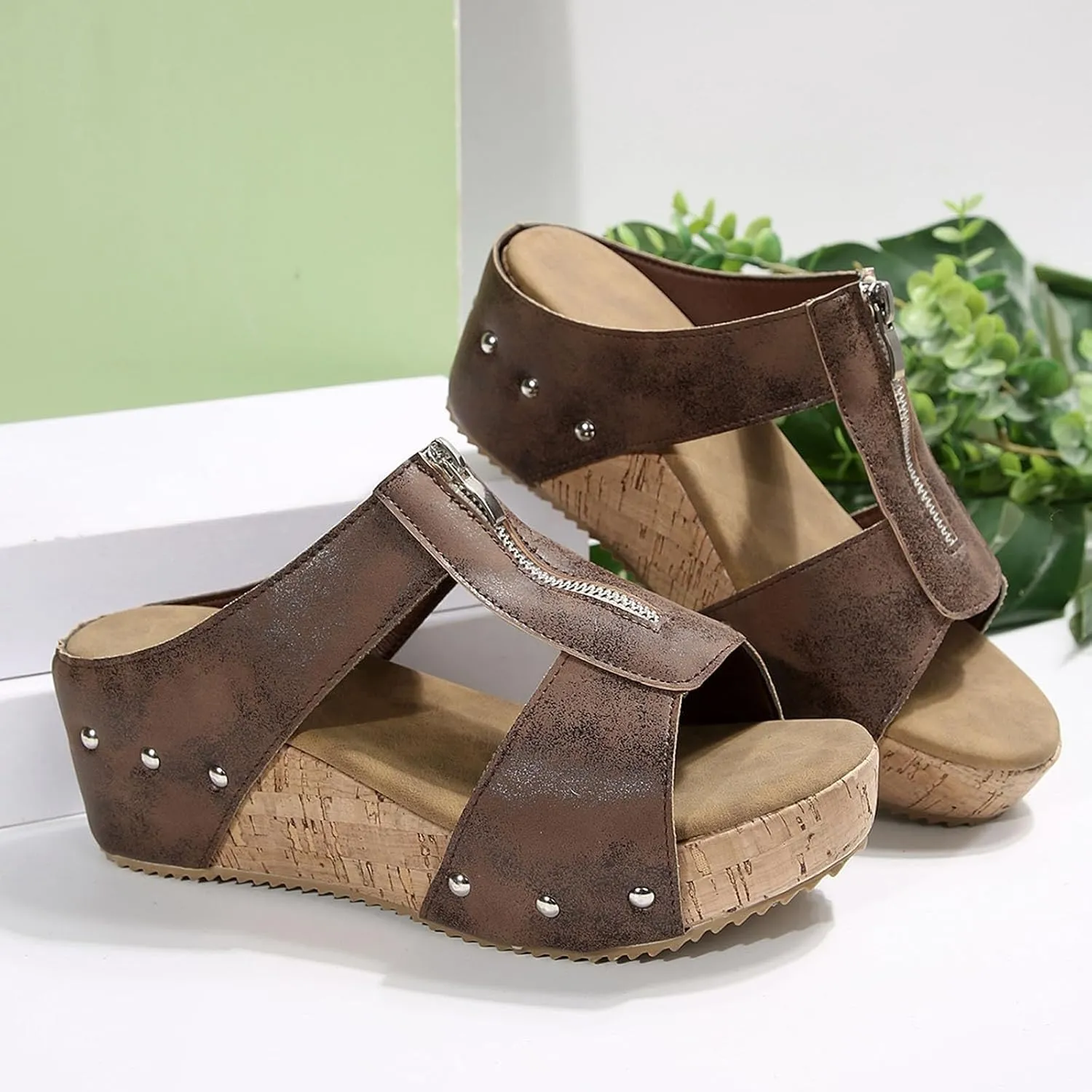 Orthopedic Wedge Sandals for Women Comfortable Summer Open Toe Platform Sandals Front Zipper Slingback Comfy Sloping High Heels with Soft Cushion Footbed Walking Shoes