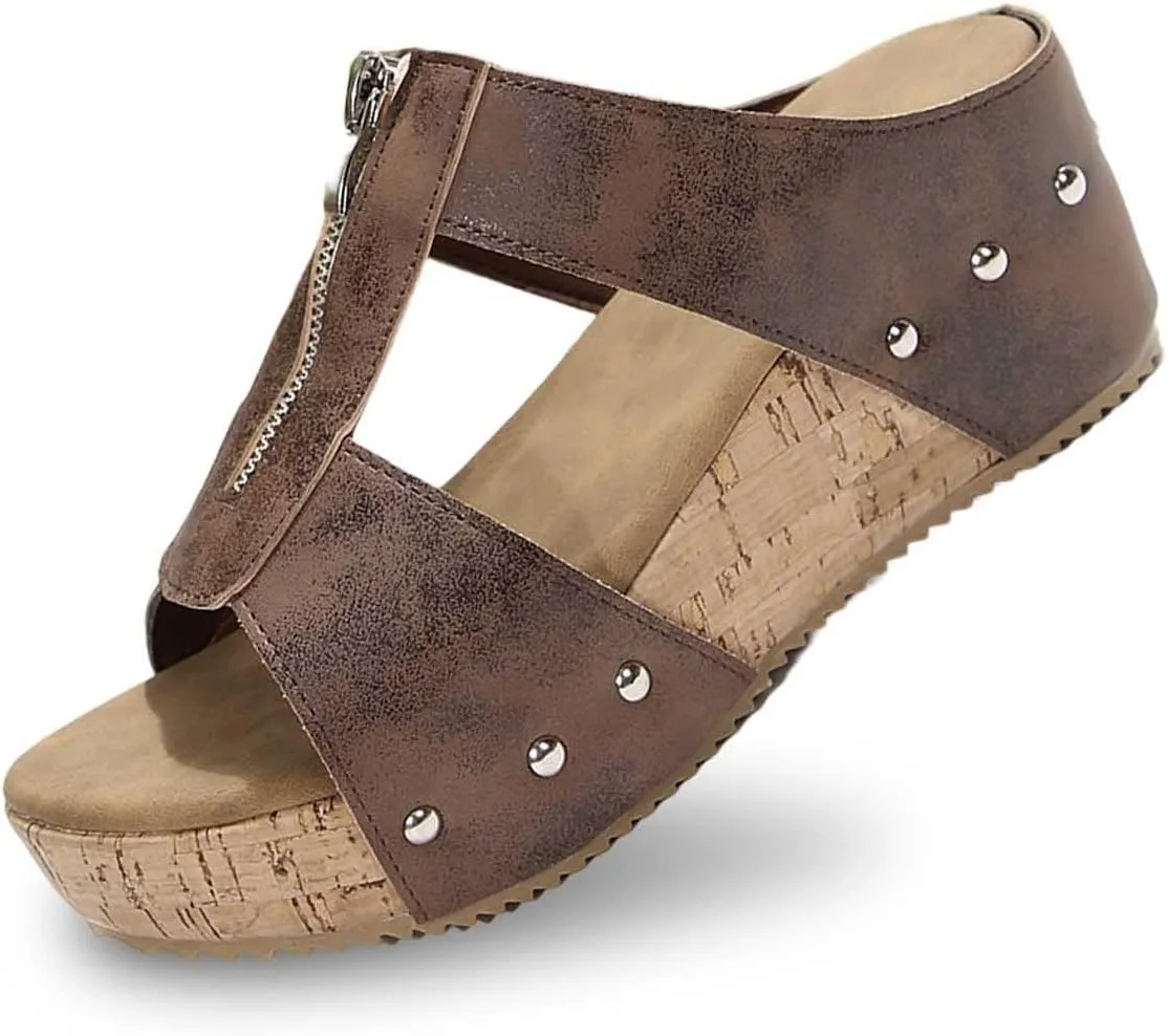 Orthopedic Wedge Sandals for Women Comfortable Summer Open Toe Platform Sandals Front Zipper Slingback Comfy Sloping High Heels with Soft Cushion Footbed Walking Shoes