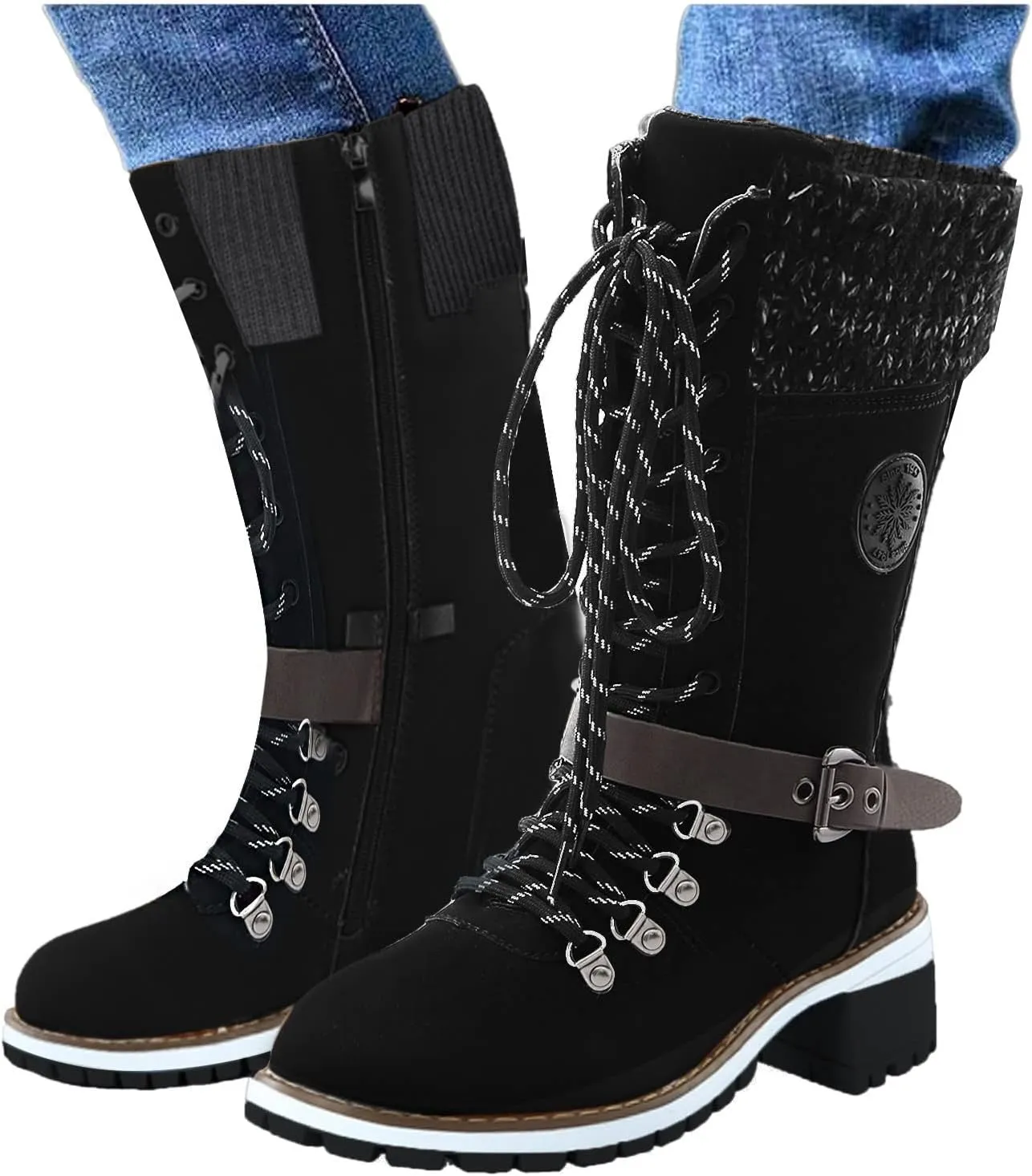 peqiut Combat Boots Womens Square Heel Lace up Booties Mid Calf Boots for Lady Low Chunky Heel Booties Round Toe Combat Shoes