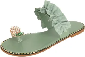 Sandals for Women Thong Women's Bohemia Bling Rhinestone Pearl Flat Sandals Clip Toe Sweet Cute Pineapple Sandal Ladies Lightweight Casual Beach Oceanside Flip Flops