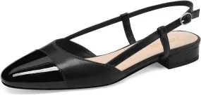 Slingback Flats for Women Two Toned Double Strap Block Low Heel Flats Classic Womens Sandals Comfortable Dressy