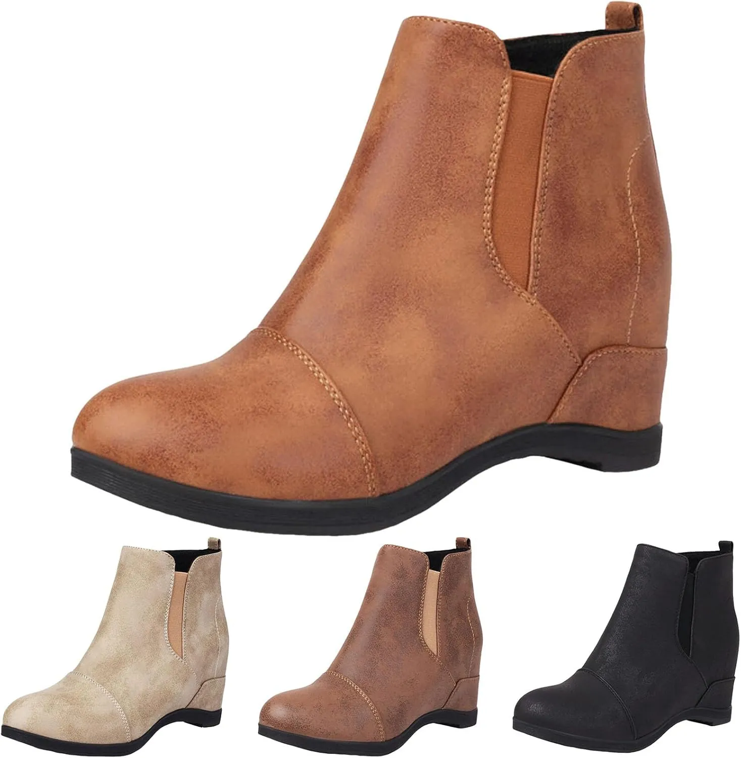 Slip On Arch Support Ankle Boots for Women,Stretch Elastic Ankle Slip On Chelsea Ankle Bootie Comfortable Arch Support Casual Winter Fall Comfy Walking Hidden Wedges Shoes