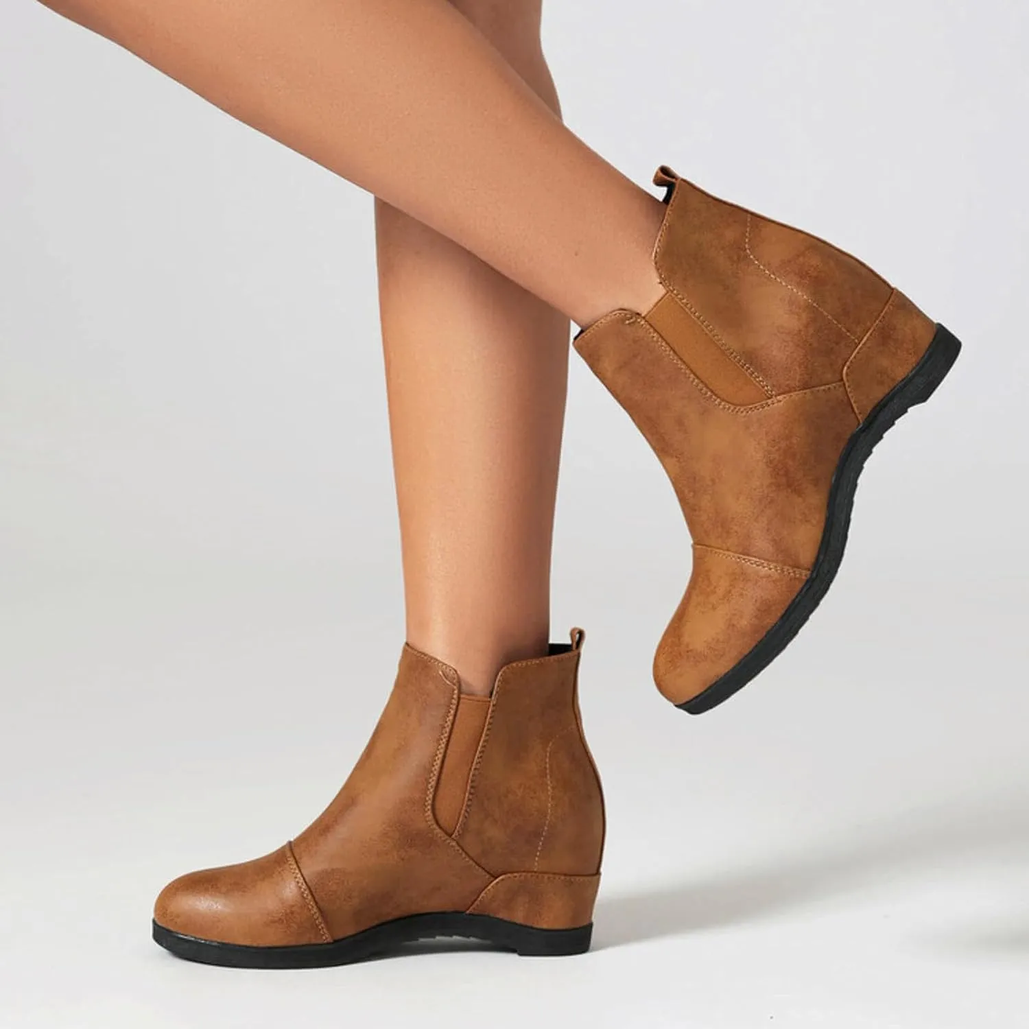Slip On Arch Support Ankle Boots for Women,Stretch Elastic Ankle Slip On Chelsea Ankle Bootie Comfortable Arch Support Casual Winter Fall Comfy Walking Hidden Wedges Shoes