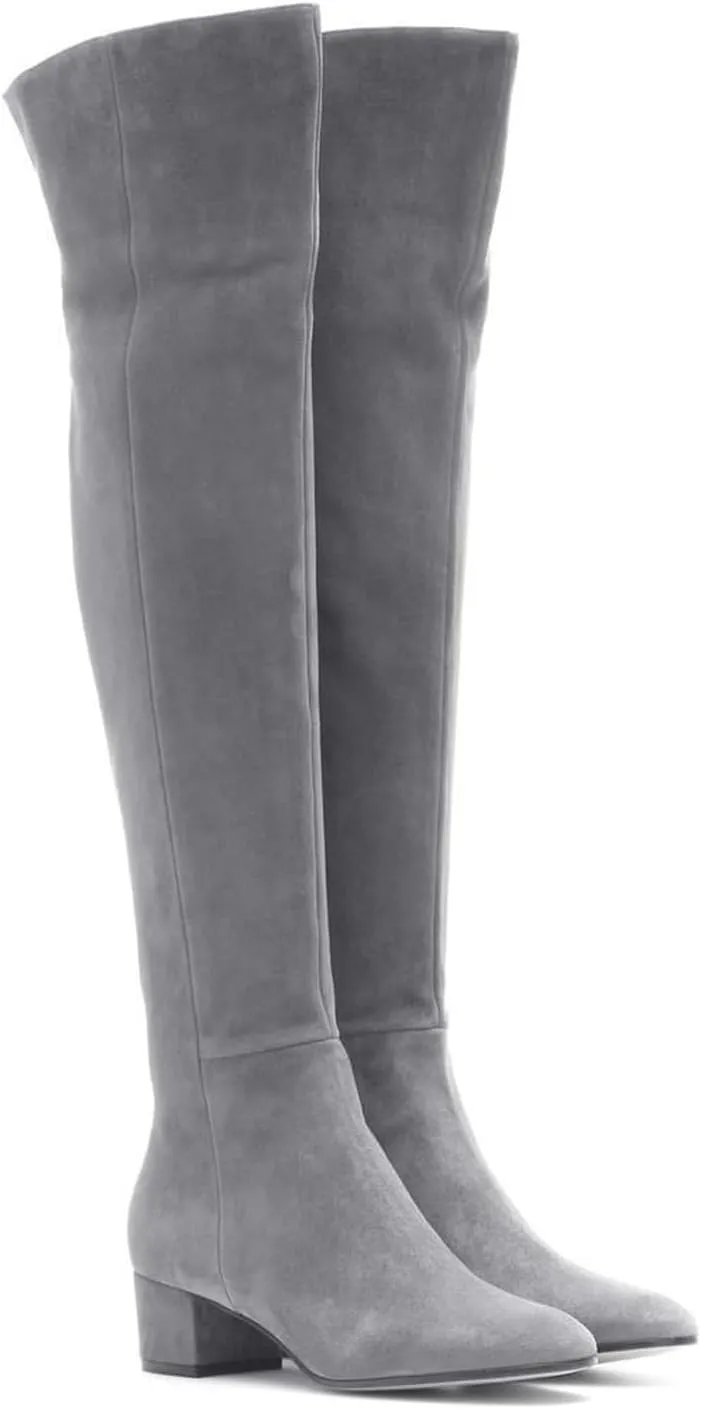 THESHY Women's Suede Over The Knee Boots Round Toe Chunky Heel Thigh High Boot Winter Comfort Wide Calf Tall Bootie Fashion Dress Shoes