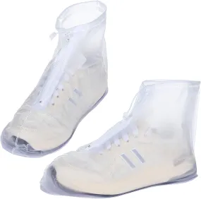 Waterproof Shoe Covers, 2Pcs White Rain Boot Shoe Covers 12.20 ×7.08 inch Reusable PVC Rubber Sole Overshoes Non-Slip Foldable Galoshes for Women Men Cycling Camping Travel XXL Size