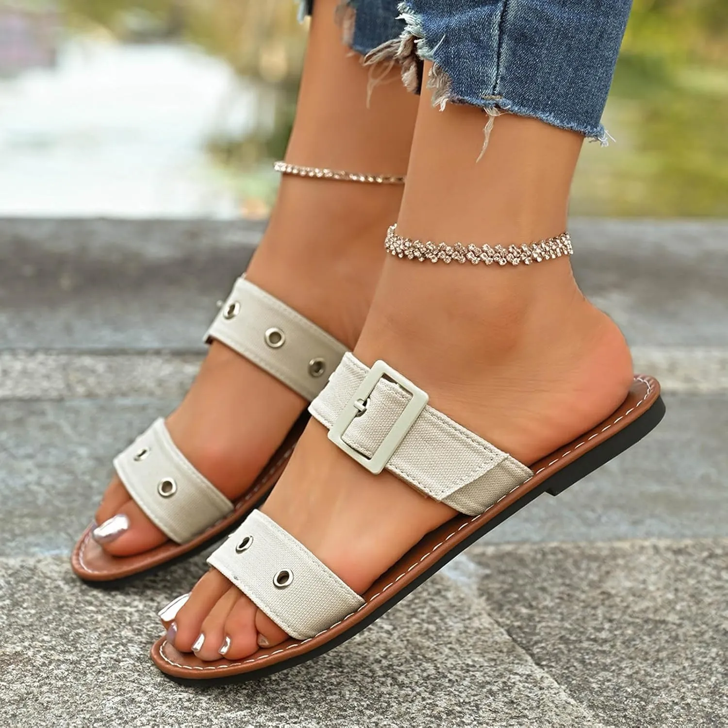 Wide Width Sandals for Women Casual Dressy Flats Slides Adjustable Buckle Straps Slip On Beach Slippers for Summer