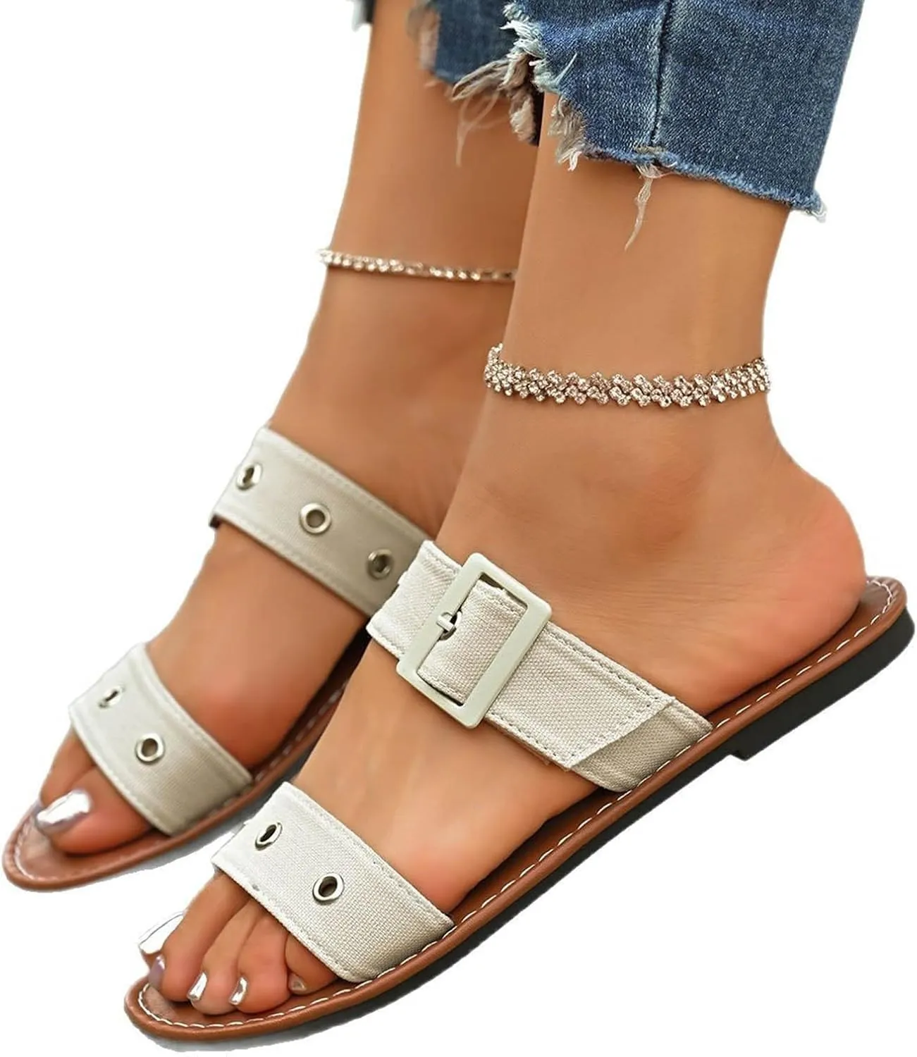 Wide Width Sandals for Women Casual Dressy Flats Slides Adjustable Buckle Straps Slip On Beach Slippers for Summer
