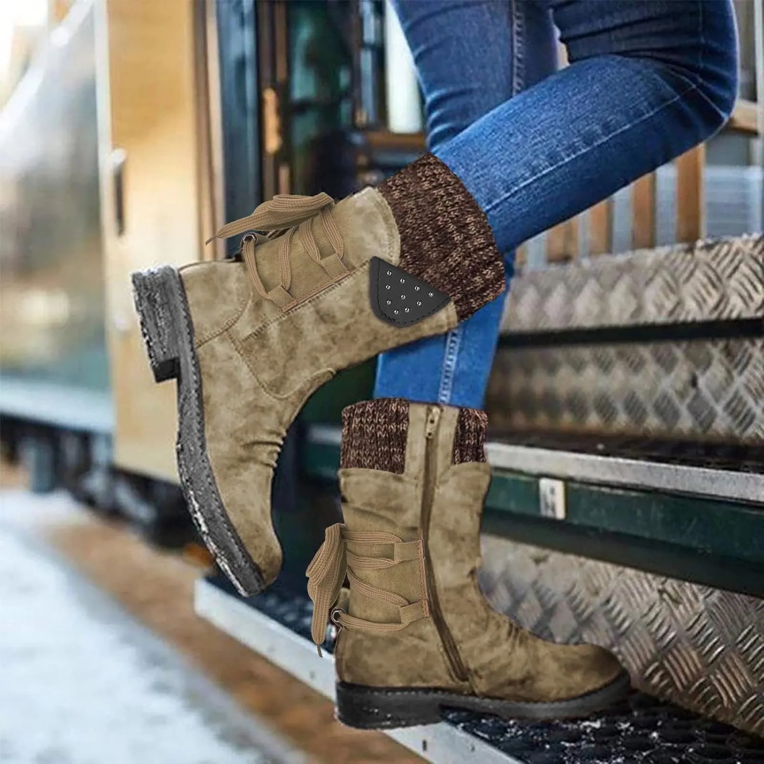Winter Snow Boots for Women Mid Calf Boots Women 2024 Snow Boots Women Fashion Casual Vintage Retro Boots Lace Up