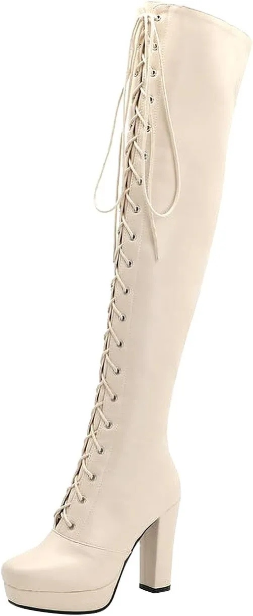 wodceeke Women's Lace Up Over the Knee Boots Platform Chunky Heel Thigh High Boots Side Zipper Leather Combat Boots