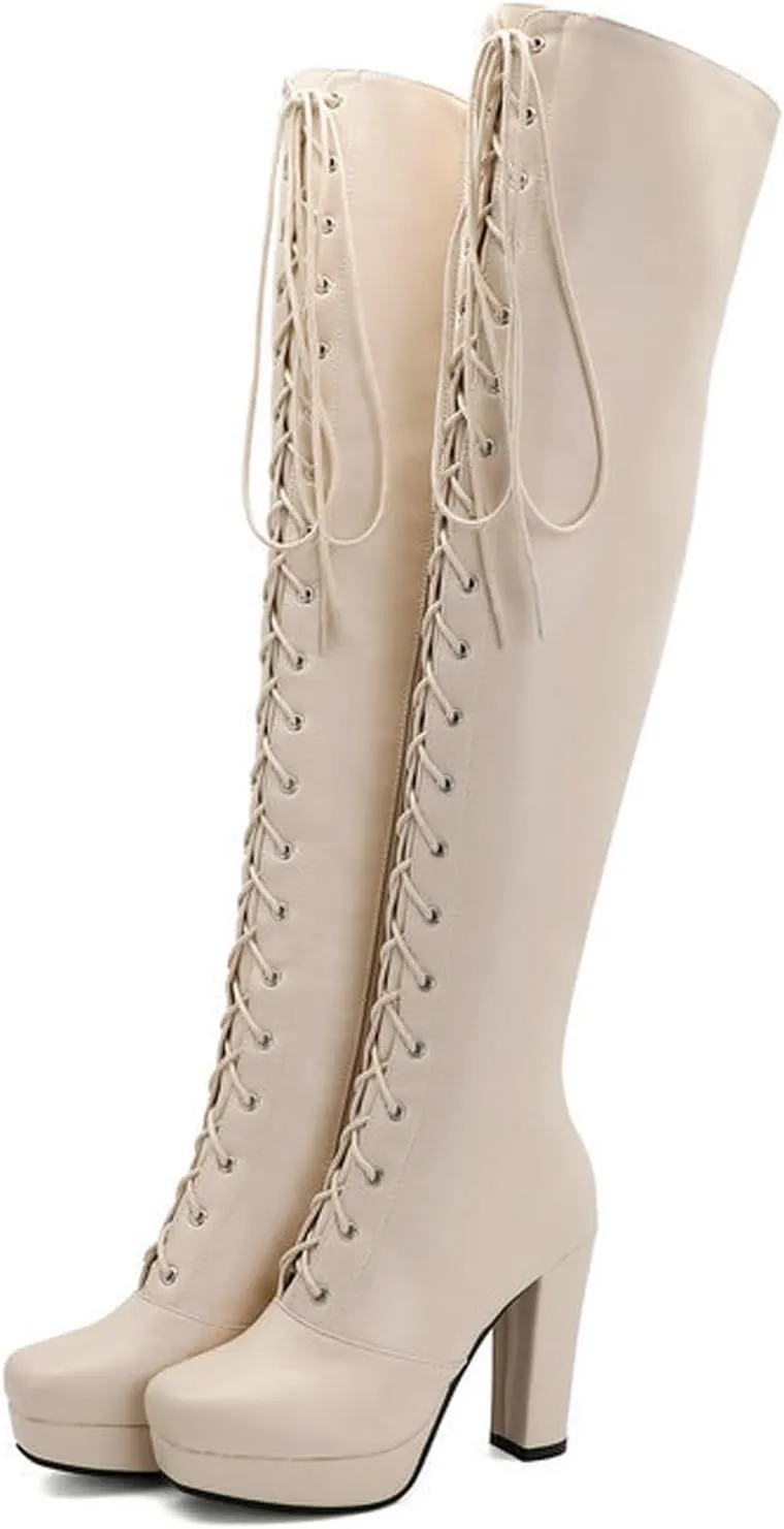 wodceeke Women's Lace Up Over the Knee Boots Platform Chunky Heel Thigh High Boots Side Zipper Leather Combat Boots