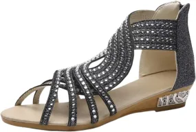 Women Wedge Sandals, Sparkly Rhinestone Open Toe, Slide with Zipper Back Platform, High Heel for Fashion Dressy Evening Wedding Prom
