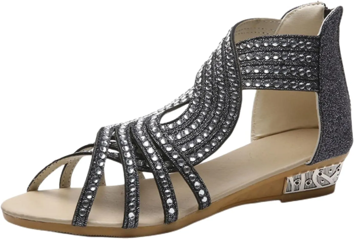 Women Wedge Sandals, Sparkly Rhinestone Open Toe, Slide with Zipper Back Platform, High Heel for Fashion Dressy Evening Wedding Prom
