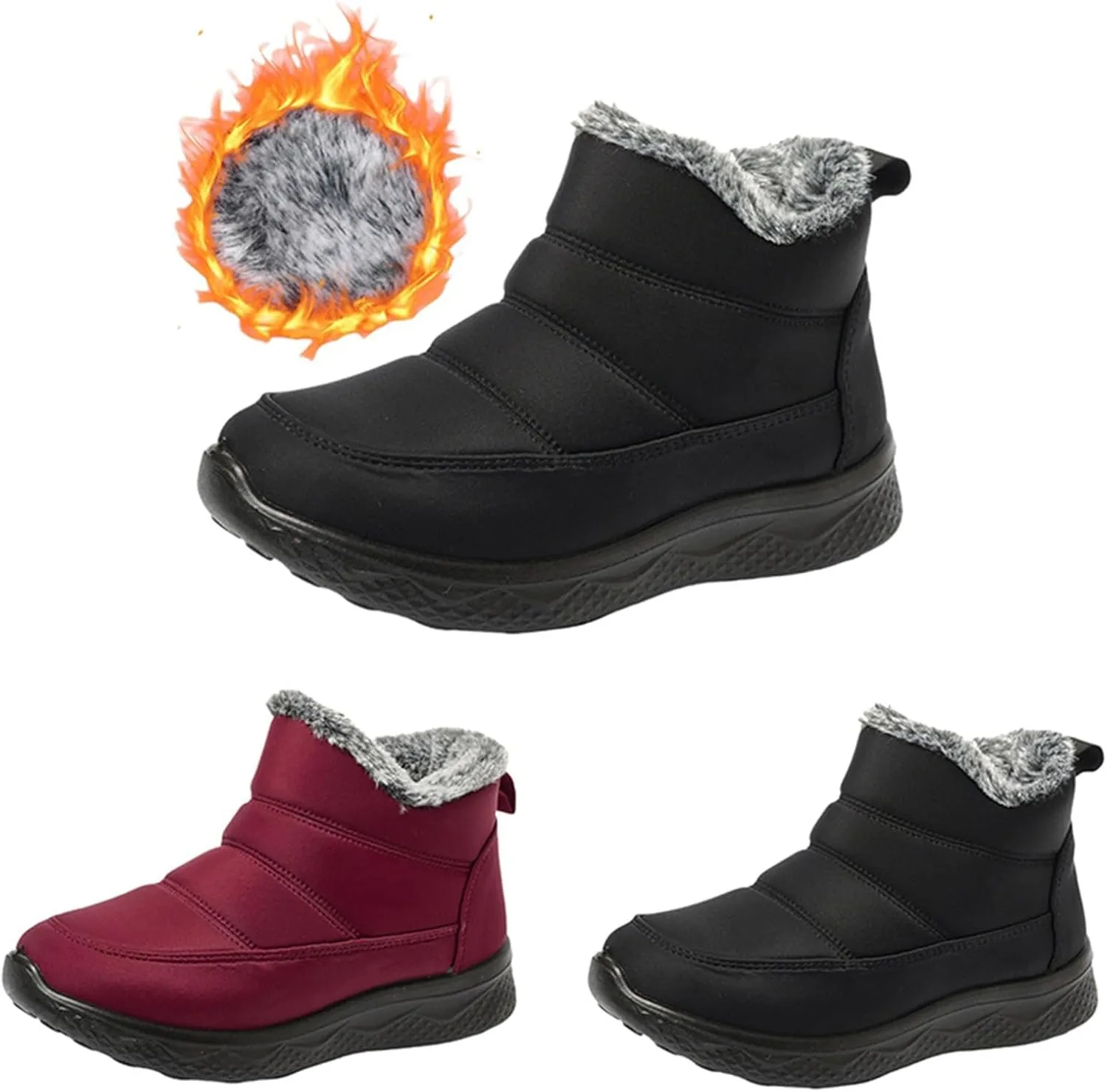 Womens Ankle Snow Boots Black Lace Up Waterproof Hiking Boots For Women Winter Plush Lined Boots With Side Zipper