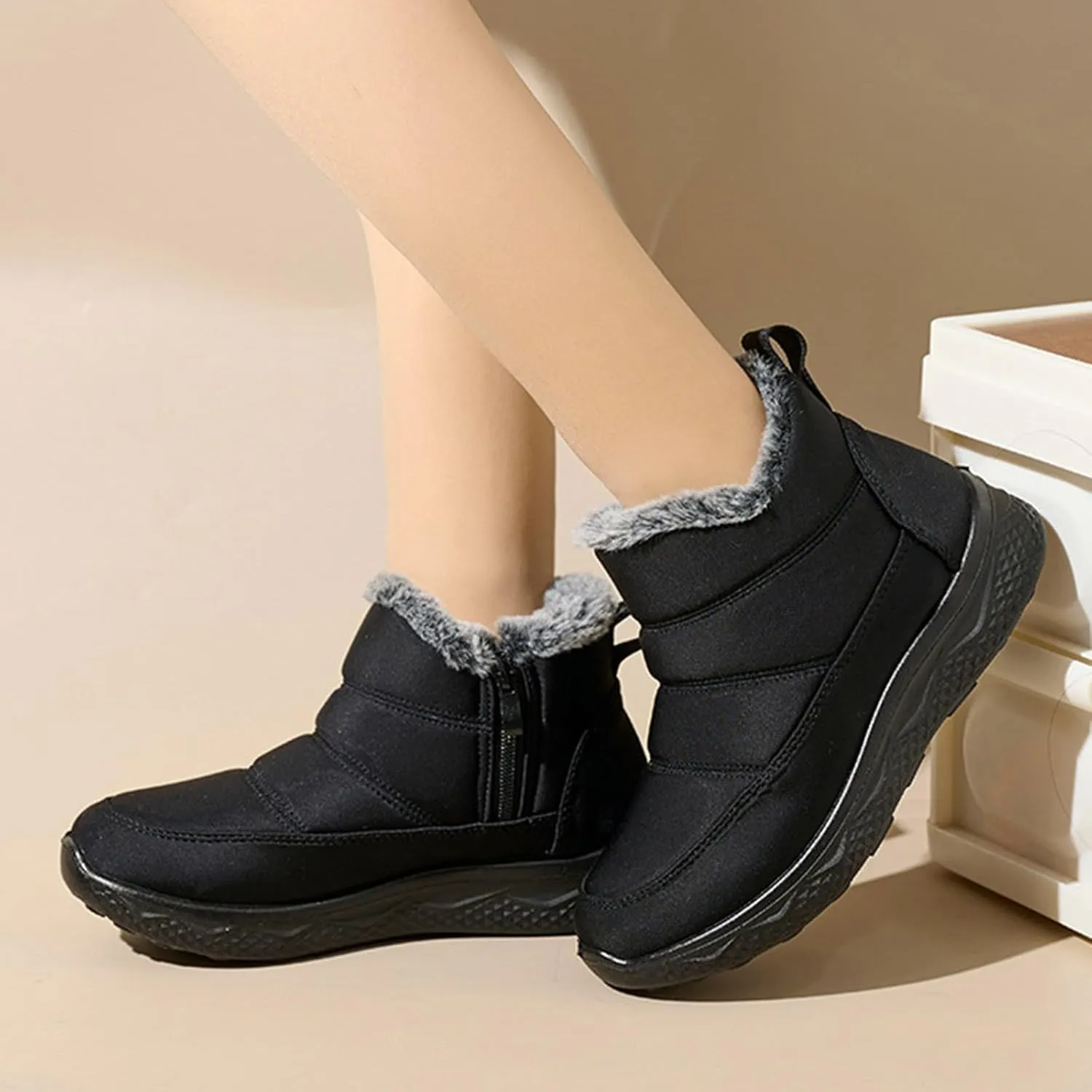 Womens Ankle Snow Boots Black Lace Up Waterproof Hiking Boots For Women Winter Plush Lined Boots With Side Zipper