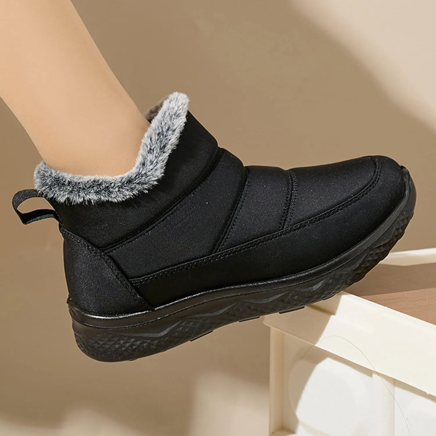 Womens Ankle Snow Boots Black Lace Up Waterproof Hiking Boots For Women Winter Plush Lined Boots With Side Zipper