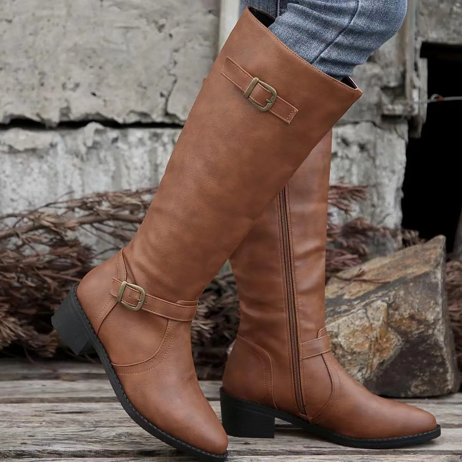 Women's Cowboy Boots, Cowgirl Mid Calf Western Boots Waterproof Ladies Chunky Heels Knee High Boots with Buckle Deco