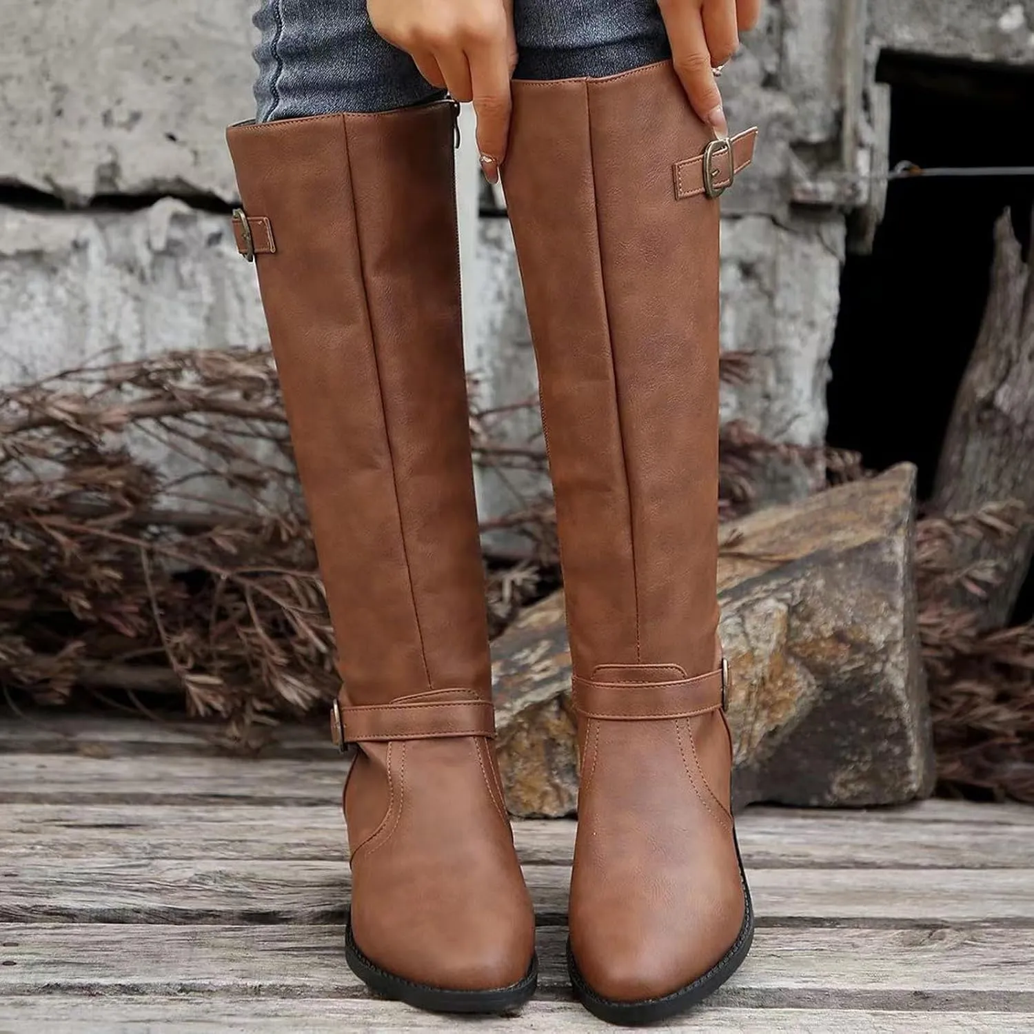 Women's Cowboy Boots, Cowgirl Mid Calf Western Boots Waterproof Ladies Chunky Heels Knee High Boots with Buckle Deco